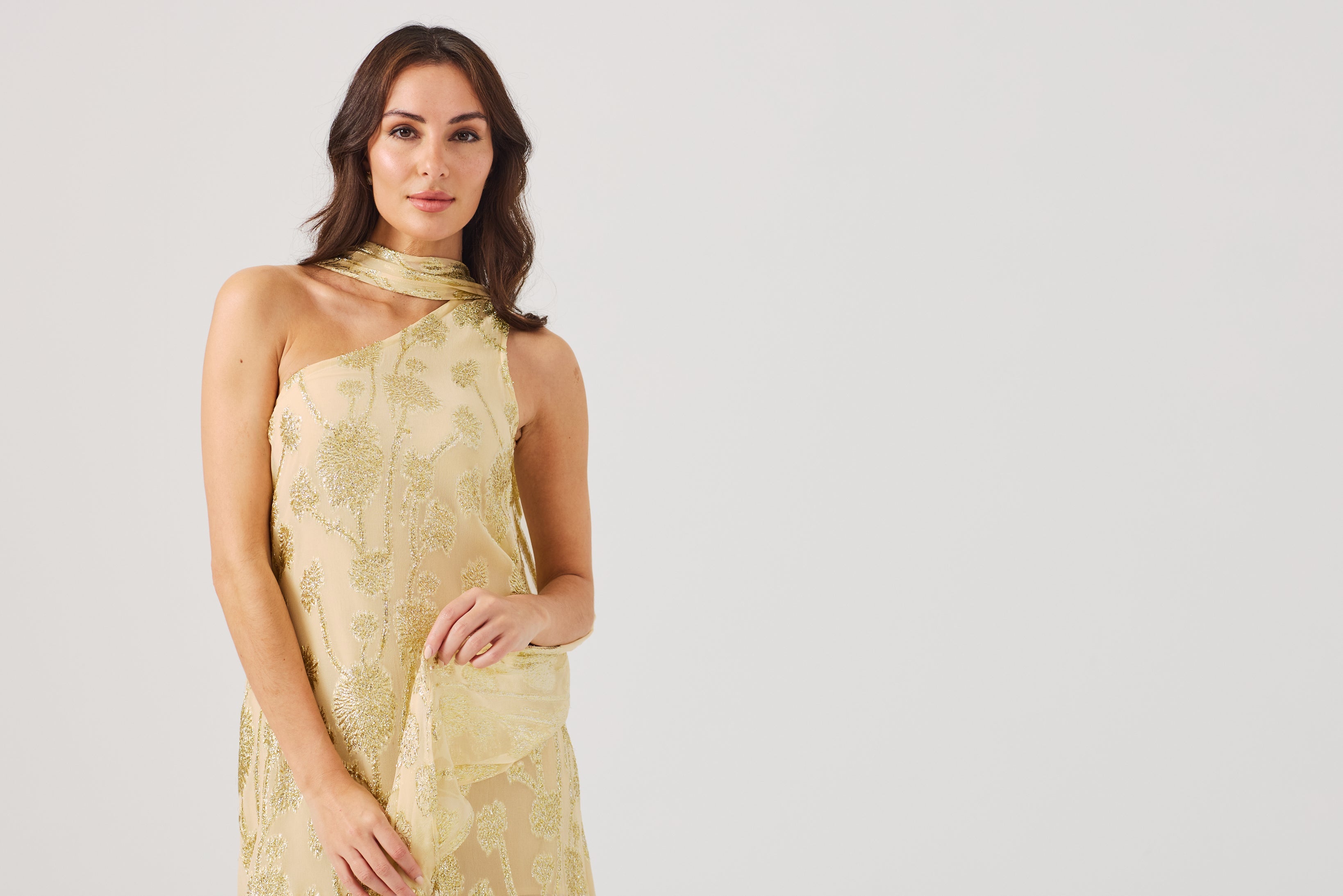 LAYLA Gold Ombre metallic jacquard Dress with scarf.