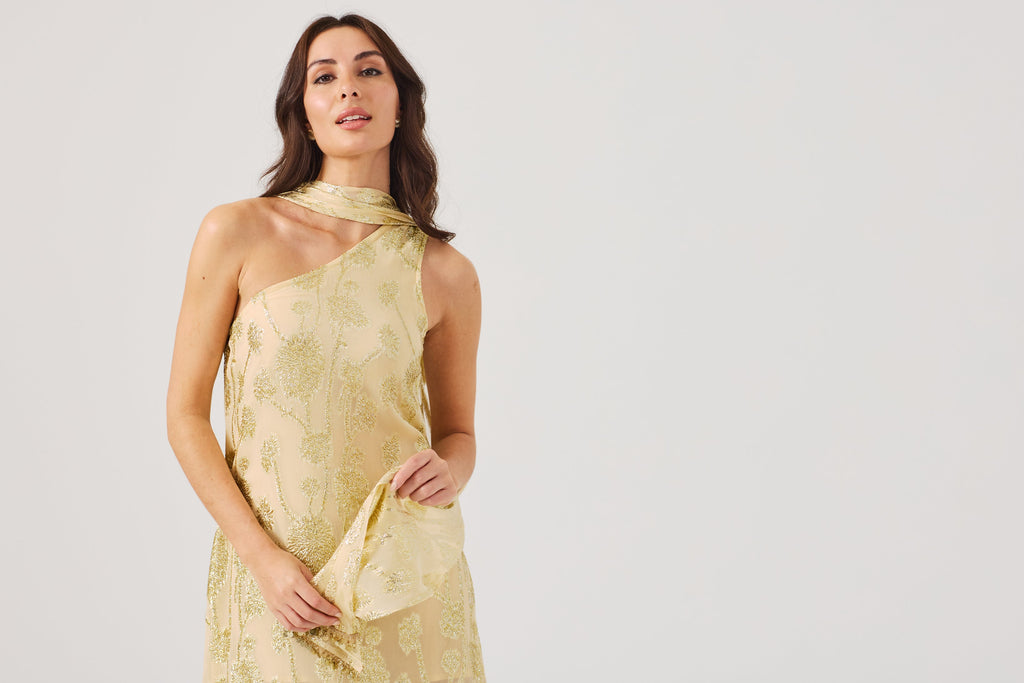 LAYLA Gold Ombre metallic jacquard Dress with scarf.