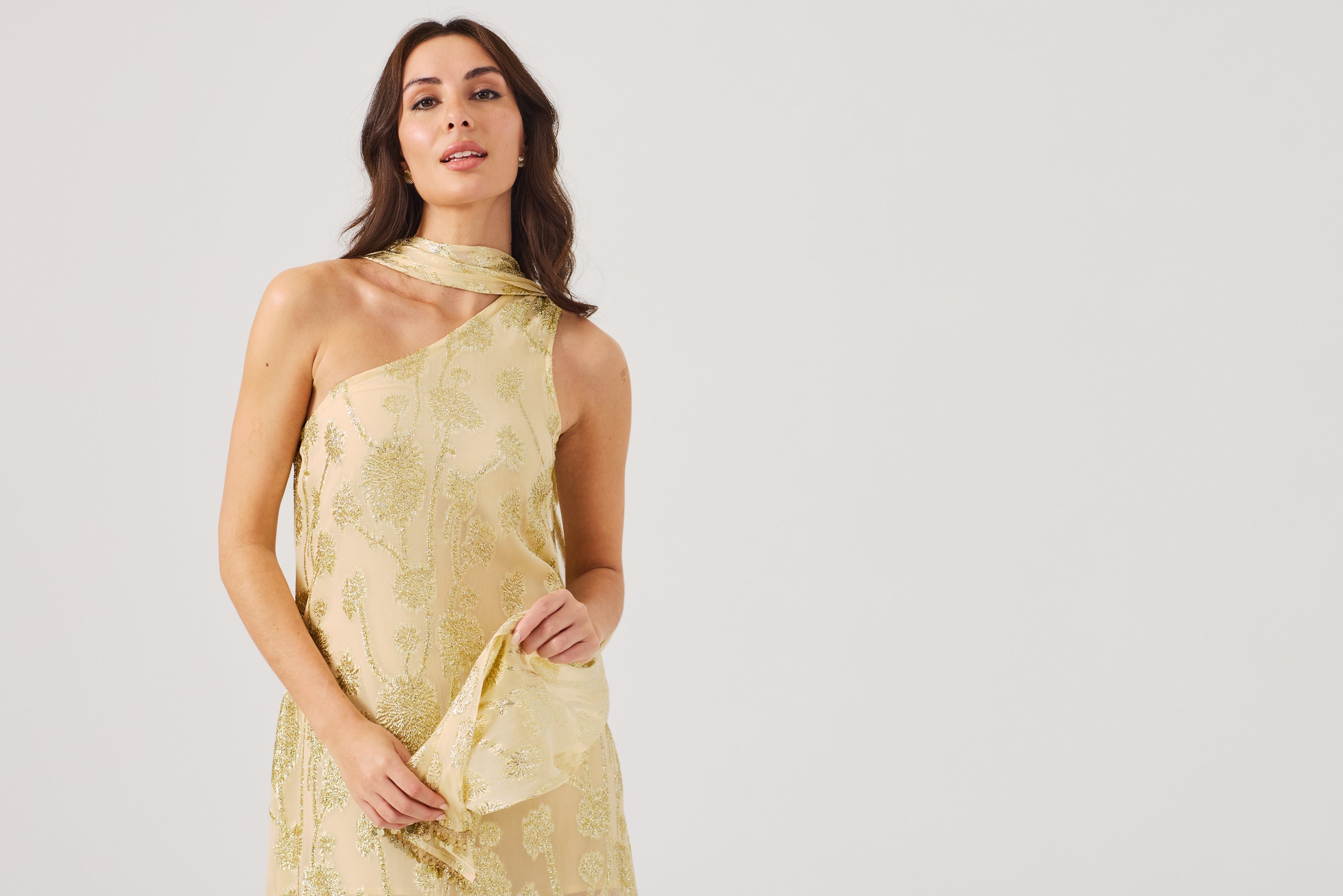 LAYLA Gold Ombre metallic jacquard Dress with scarf.
