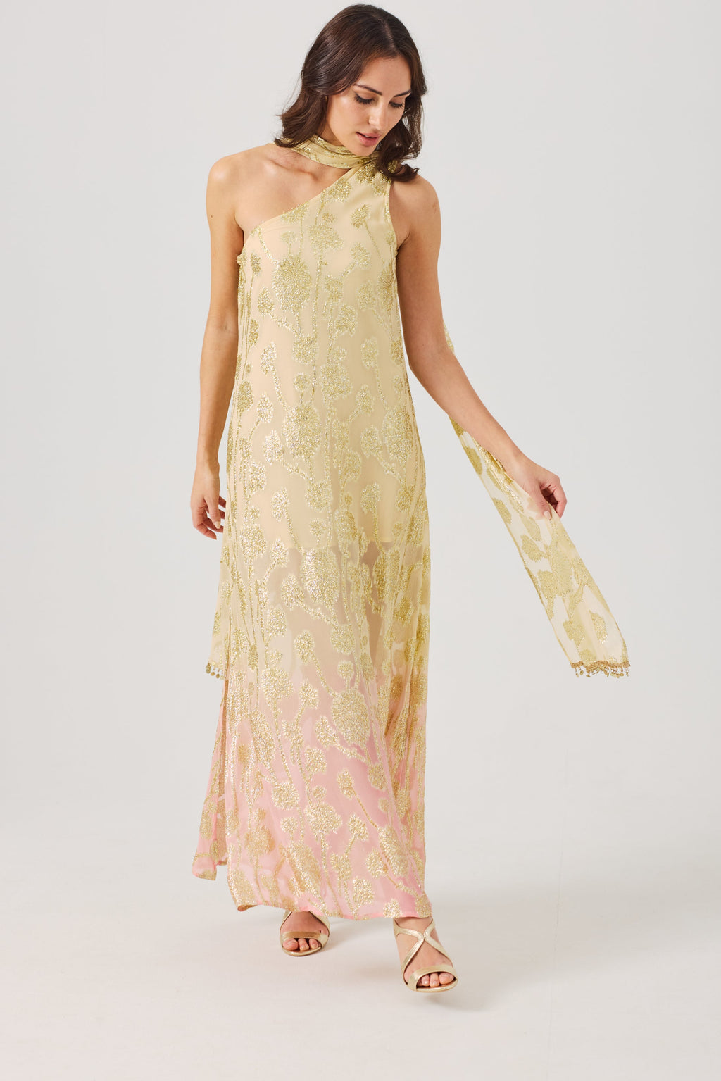 LAYLA Gold Ombre metallic jacquard Dress with scarf.
