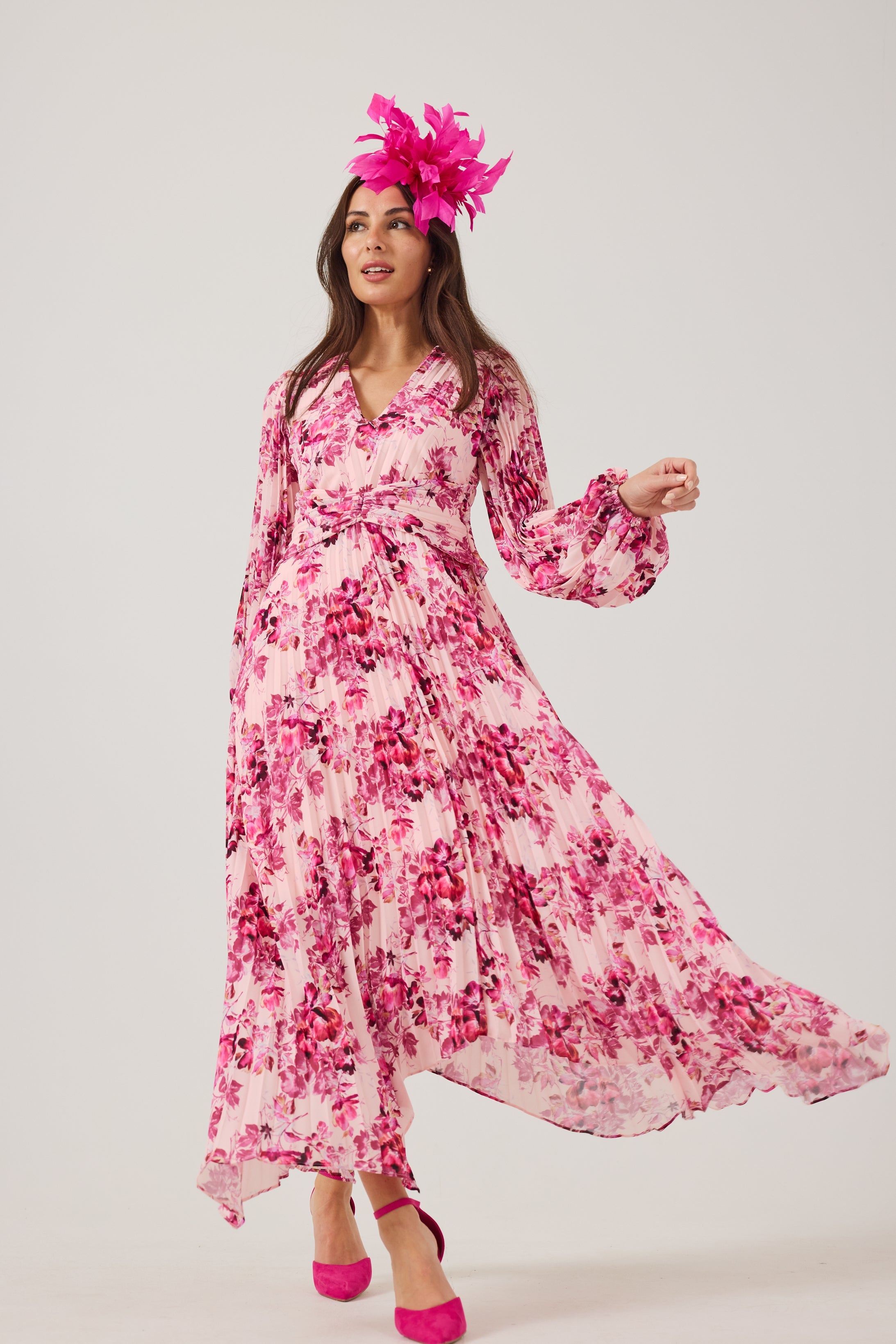 LENORA Pink Print Pleat dress.