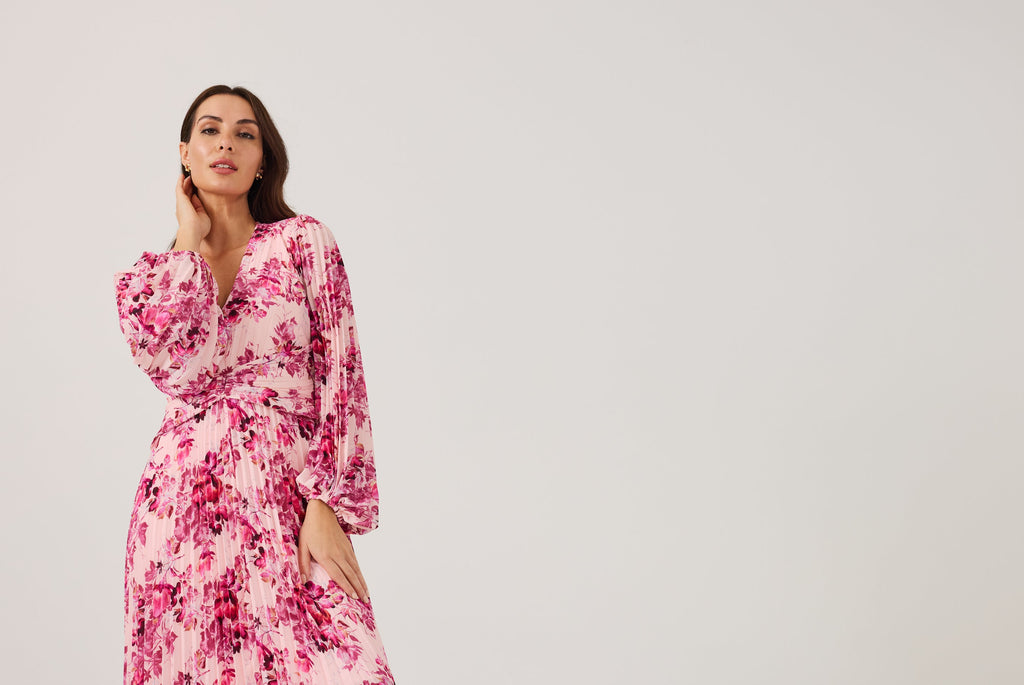 LENORA Pink Print Pleat dress.