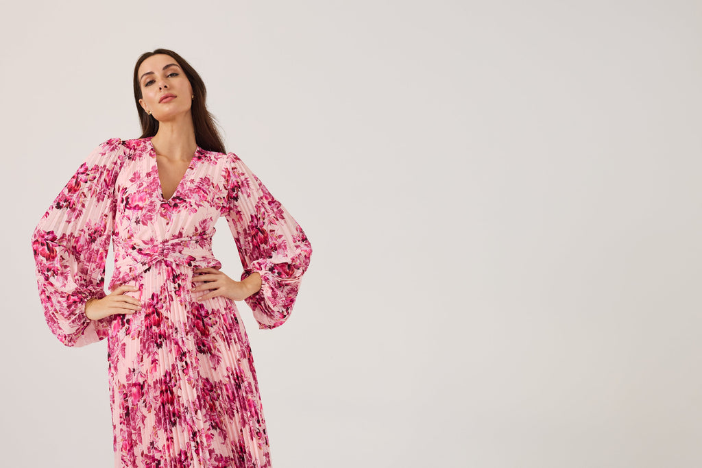 LENORA Pink Print Pleat dress.