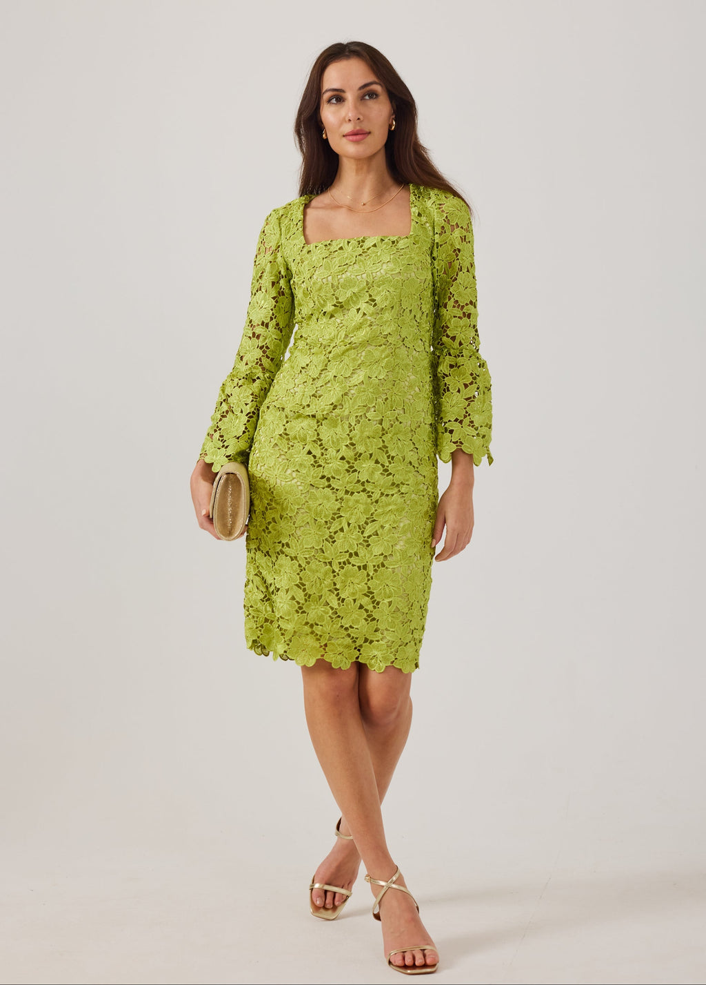 LUCY Chartreuse Lace Shift Dress.