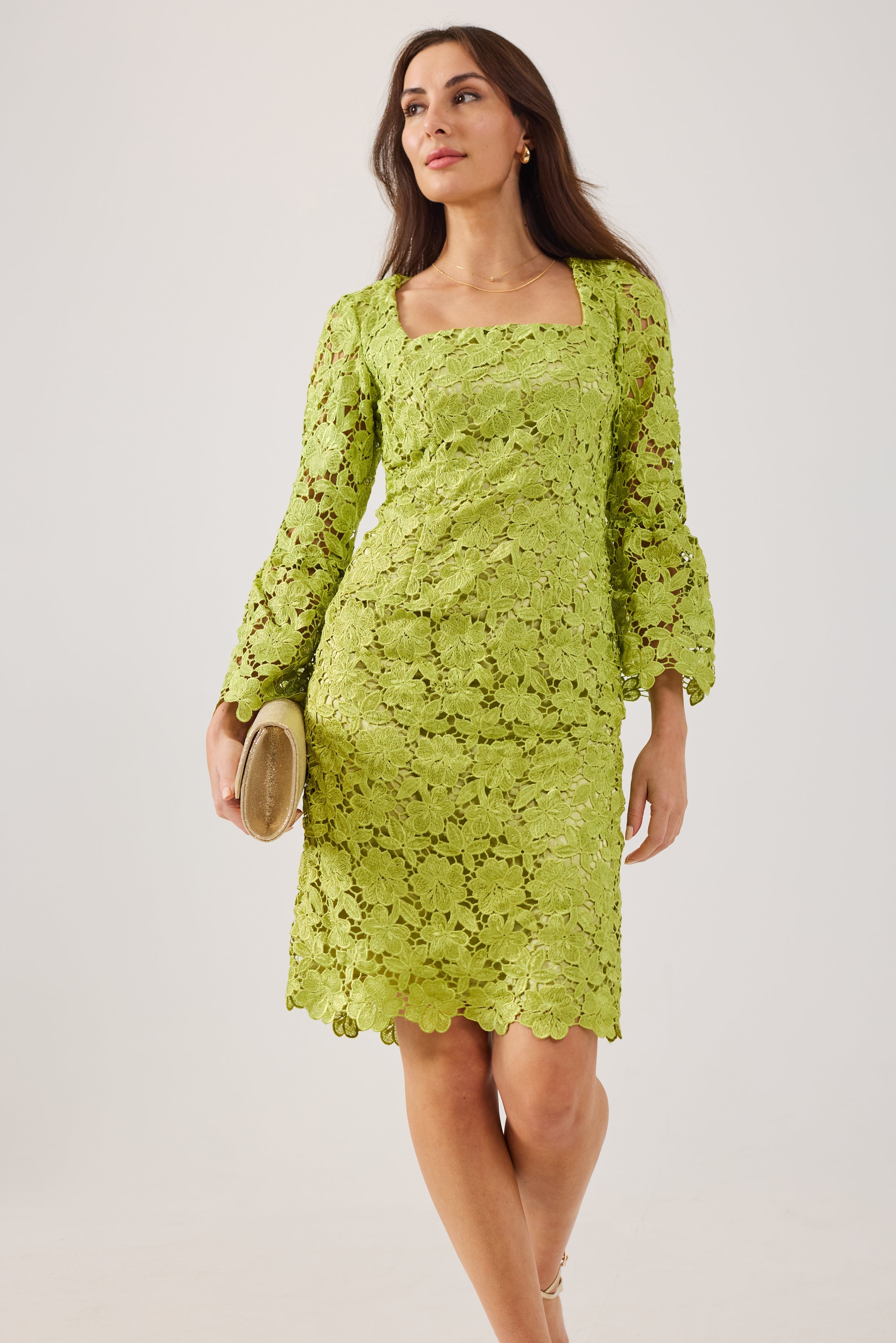 LUCY Chartreuse Lace Shift Dress.