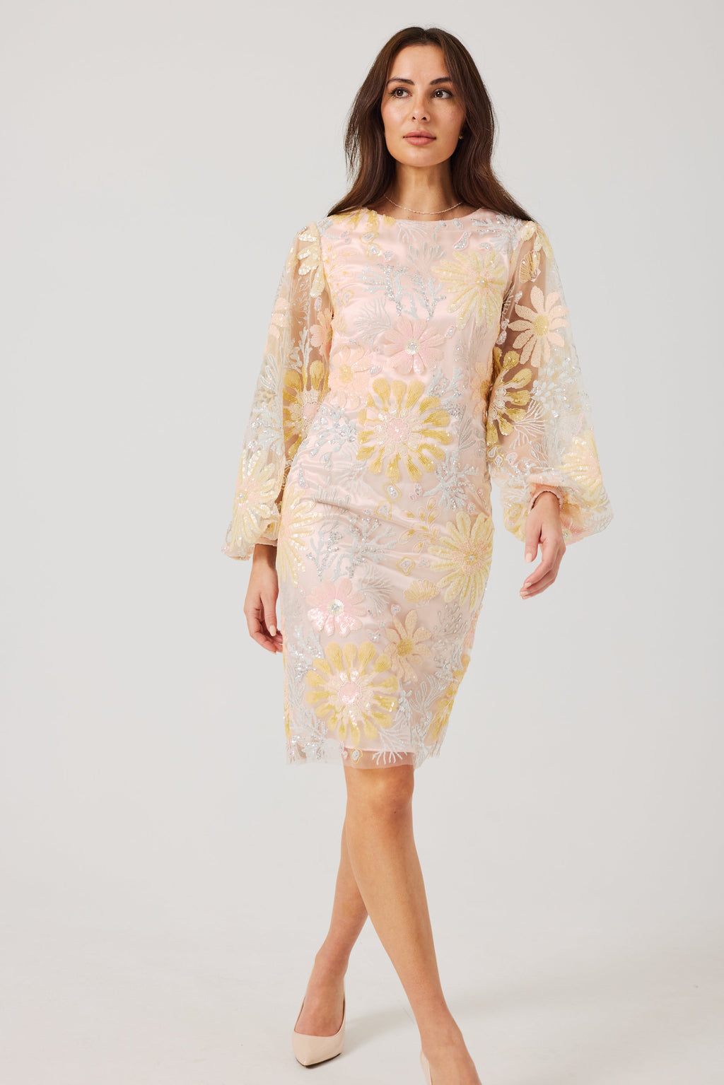 MIRANDA Sequin and Embroidered Shift Dress.