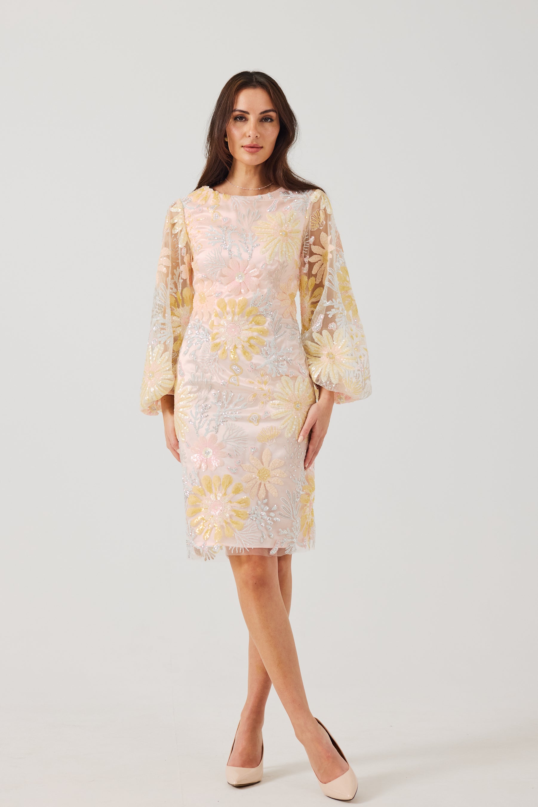 MIRANDA Sequin and Embroidered Shift Dress.