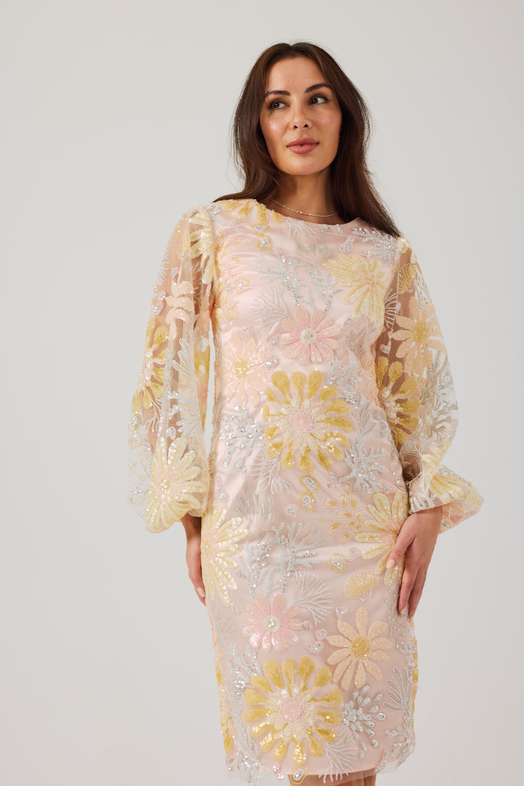 MIRANDA Sequin and Embroidered Shift Dress.