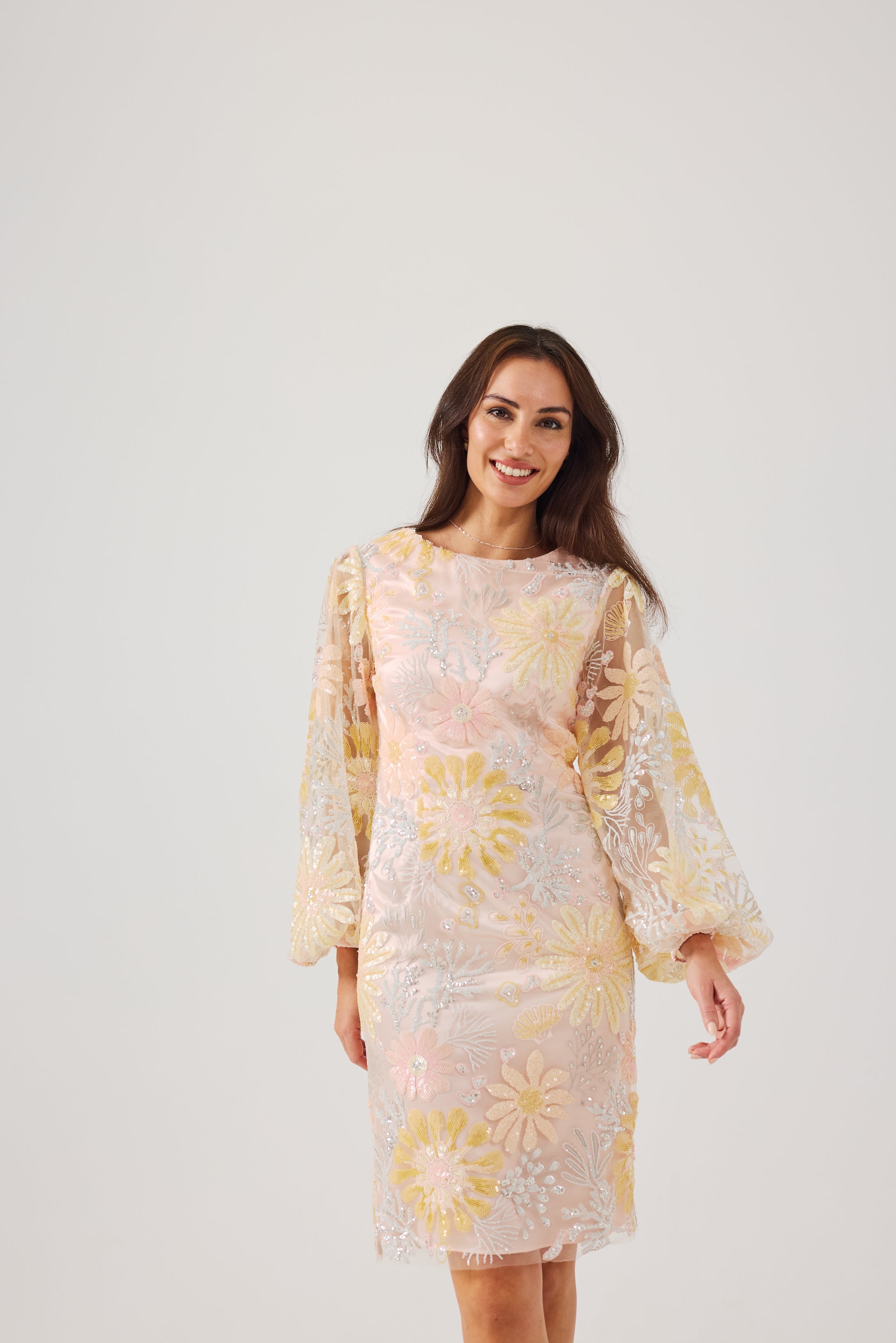 MIRANDA Sequin and Embroidered Shift Dress.