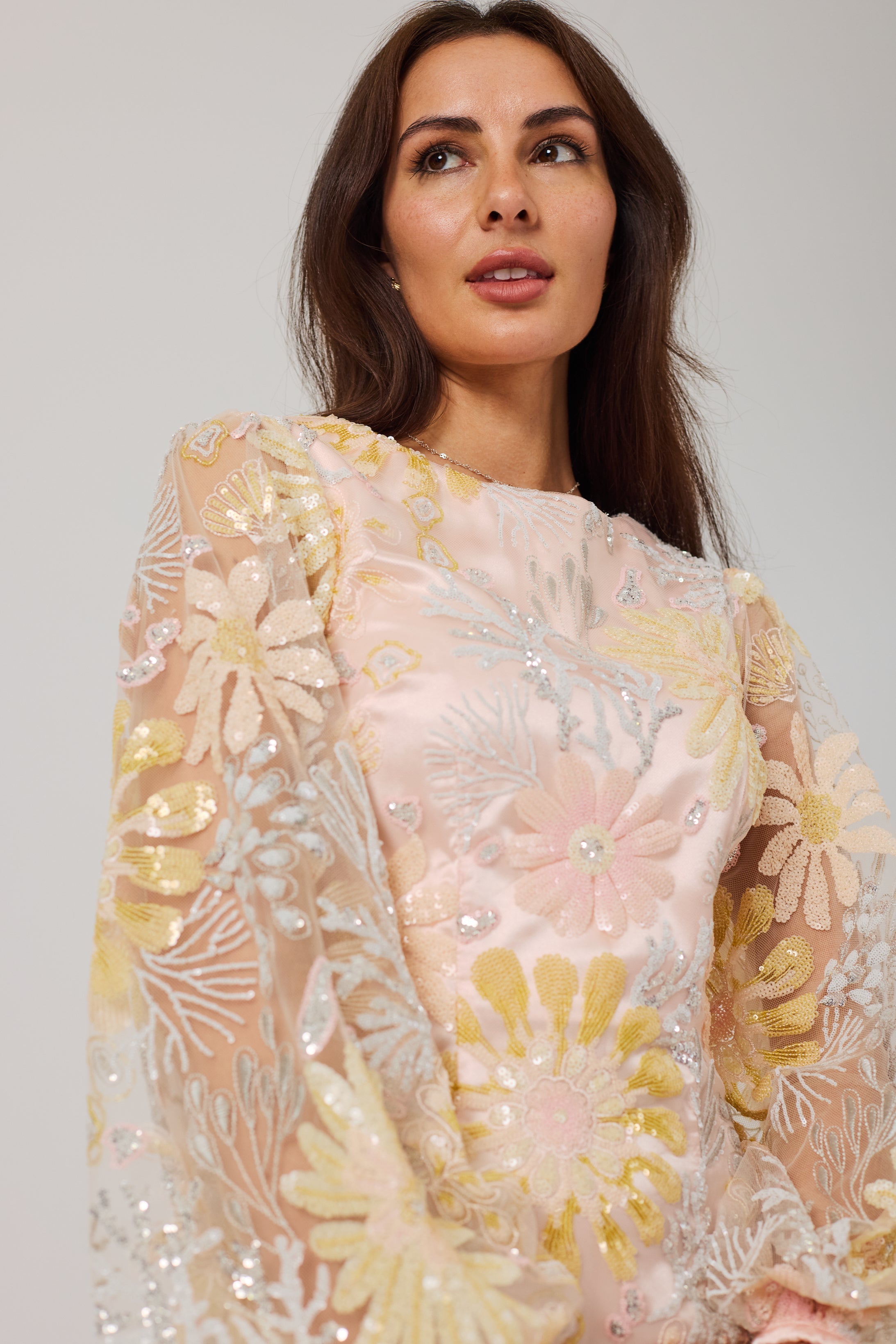 MIRANDA Sequin and Embroidered Shift Dress.