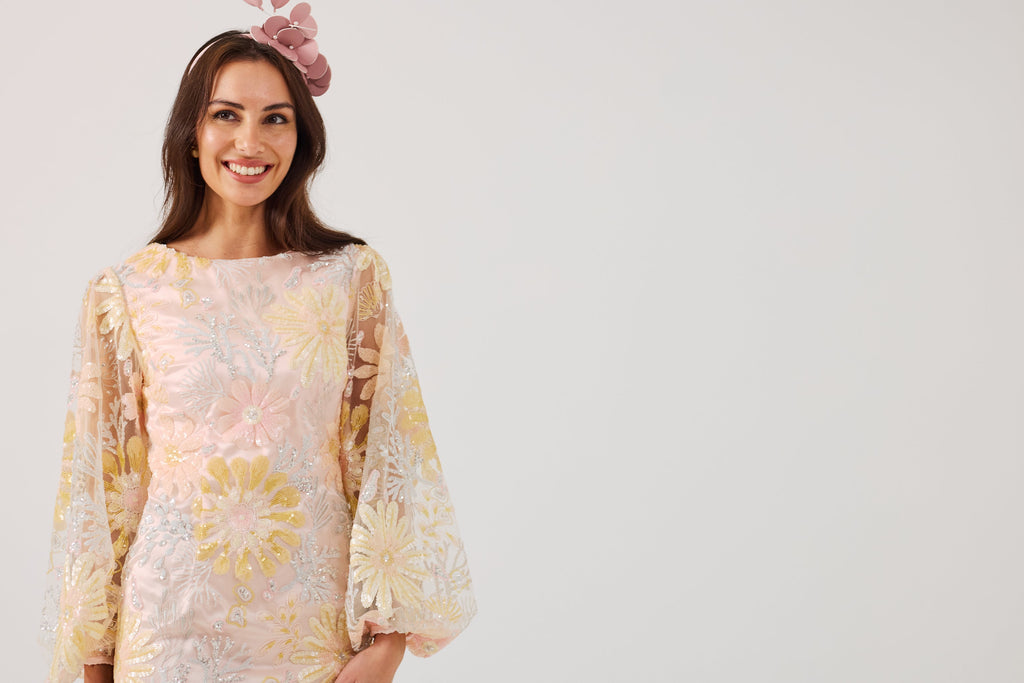 MIRANDA Sequin and Embroidered Shift Dress.