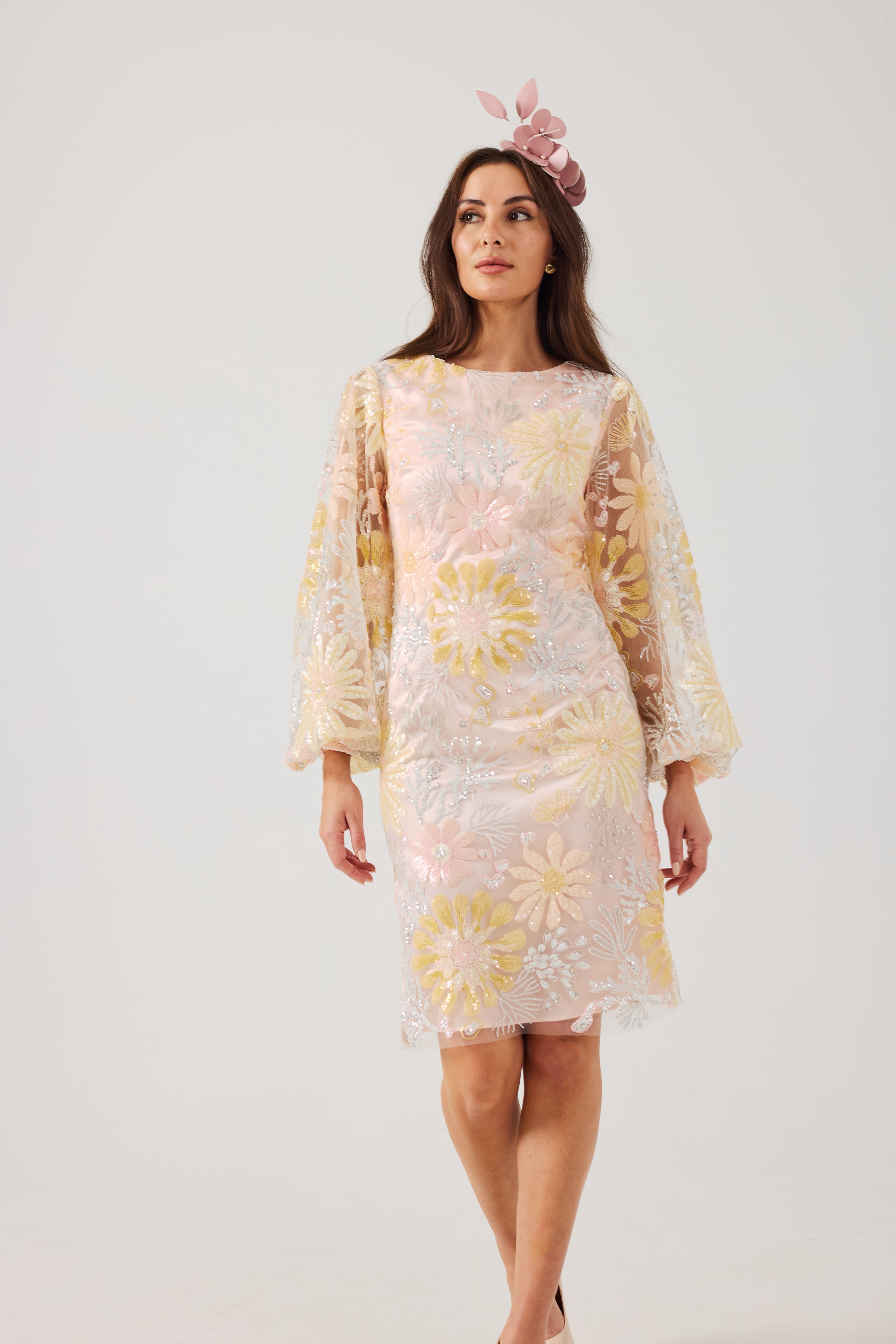 MIRANDA Sequin and Embroidered Shift Dress.