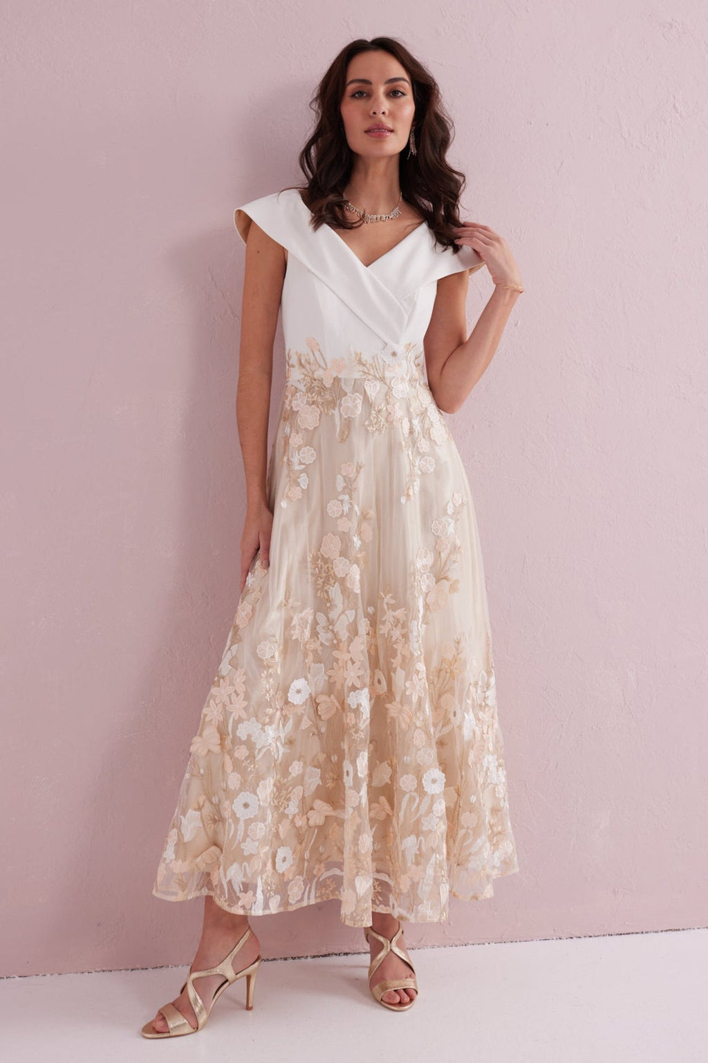 OLIVIA Cream and Gold Bardot Prom Dress.