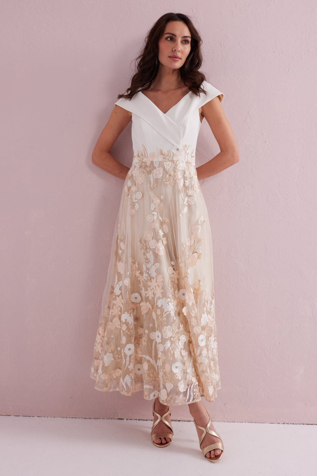 OLIVIA Cream and Gold Bardot Prom Dress.