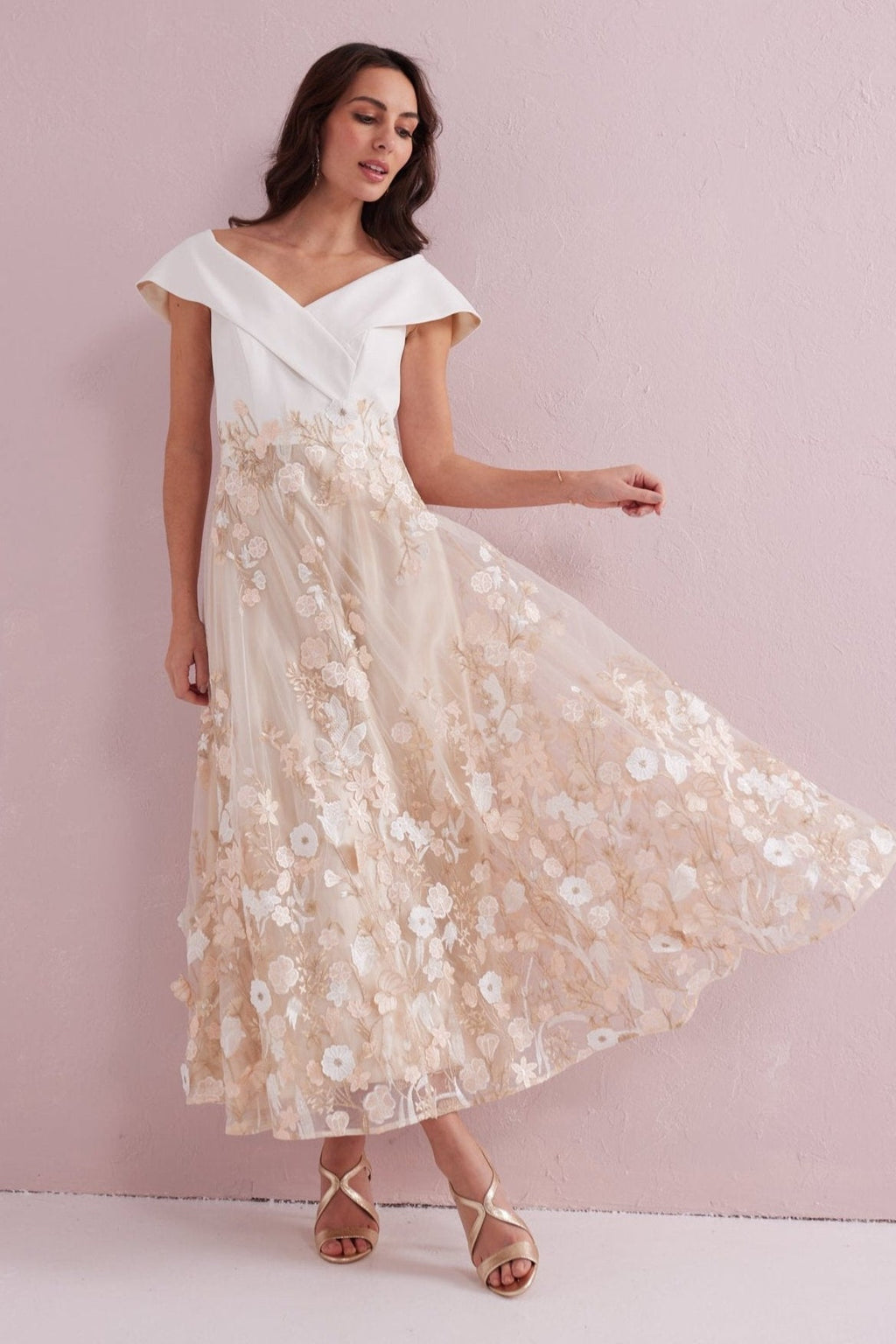 OLIVIA Cream and Gold Bardot Prom Dress.