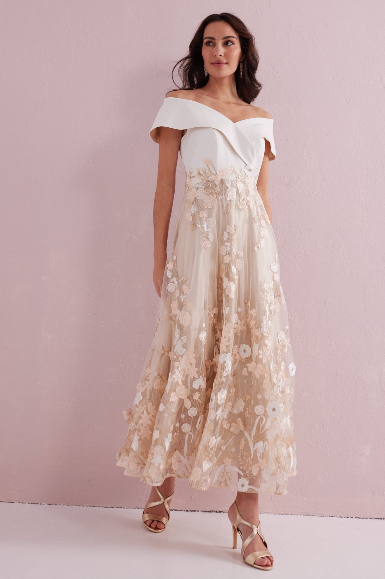 OLIVIA Cream and Gold Bardot Prom Dress.