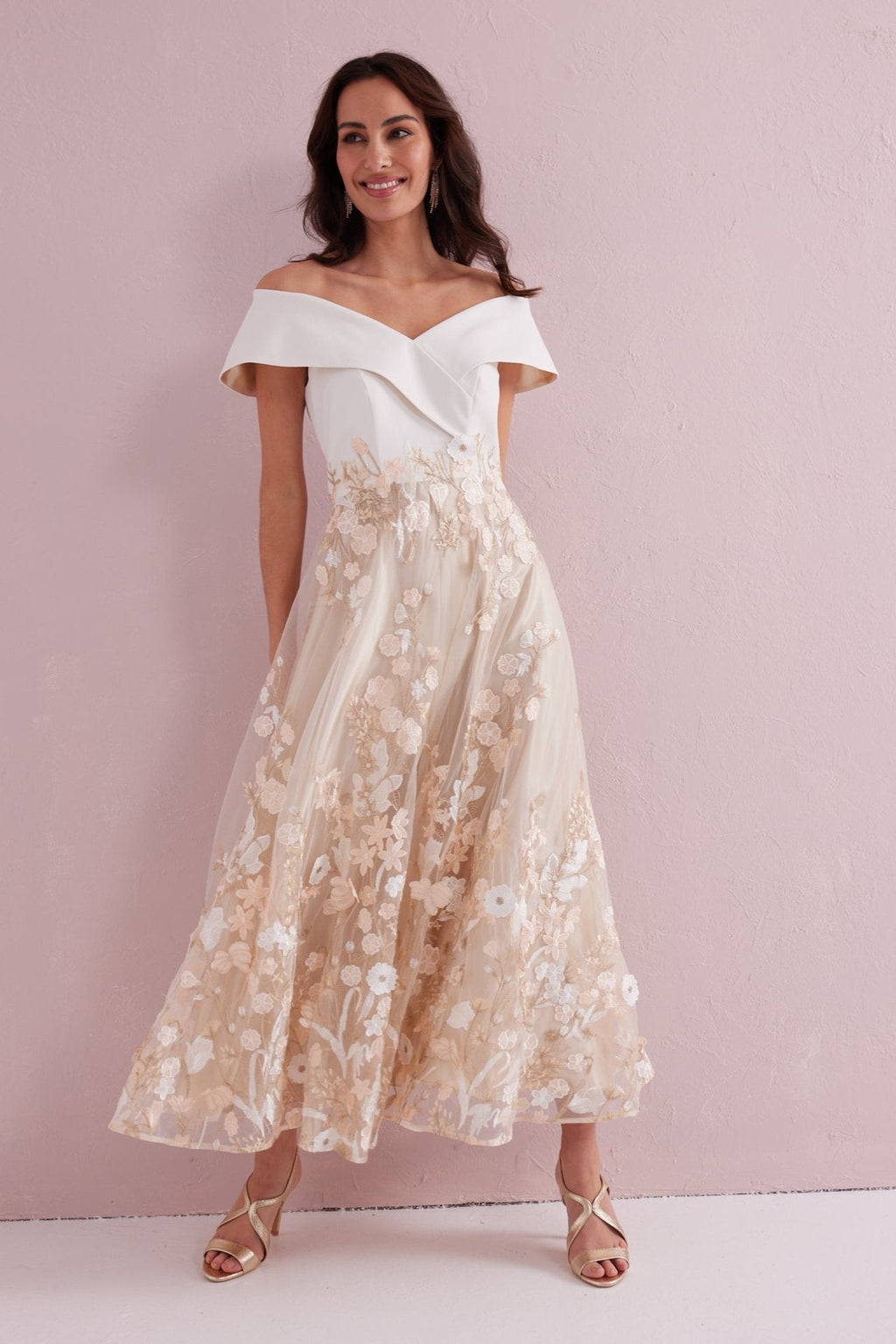 OLIVIA Cream and Gold Bardot Prom Dress.