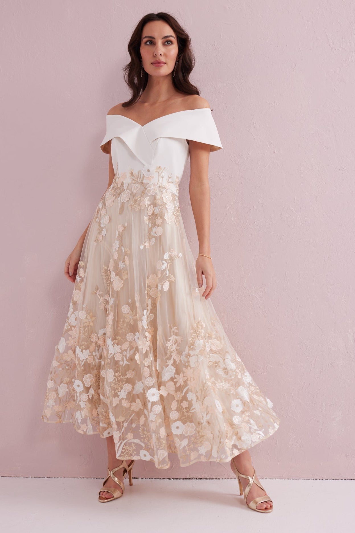 OLIVIA Cream and Gold Bardot Prom Dress.