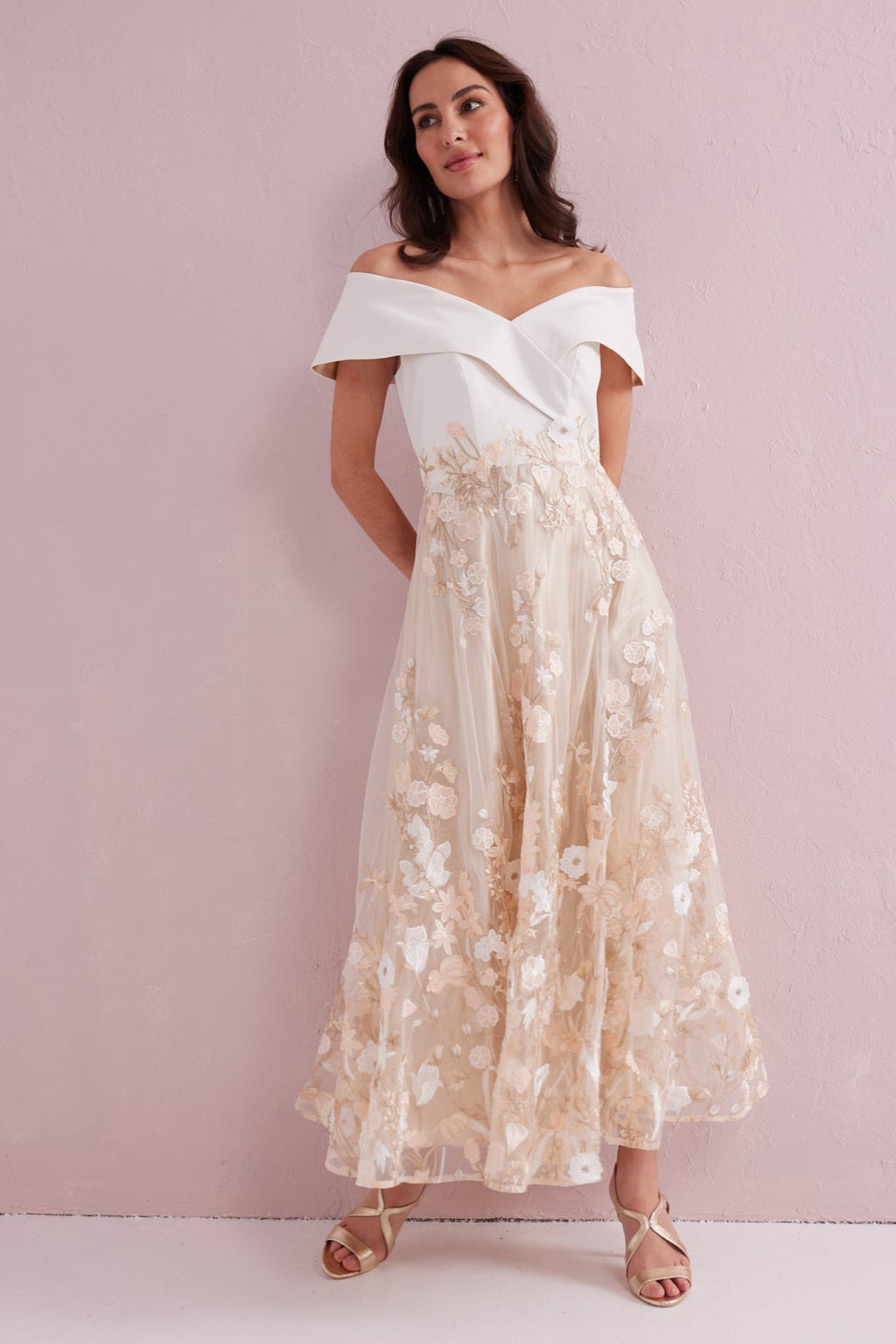 OLIVIA Cream and Gold Bardot Prom Dress.