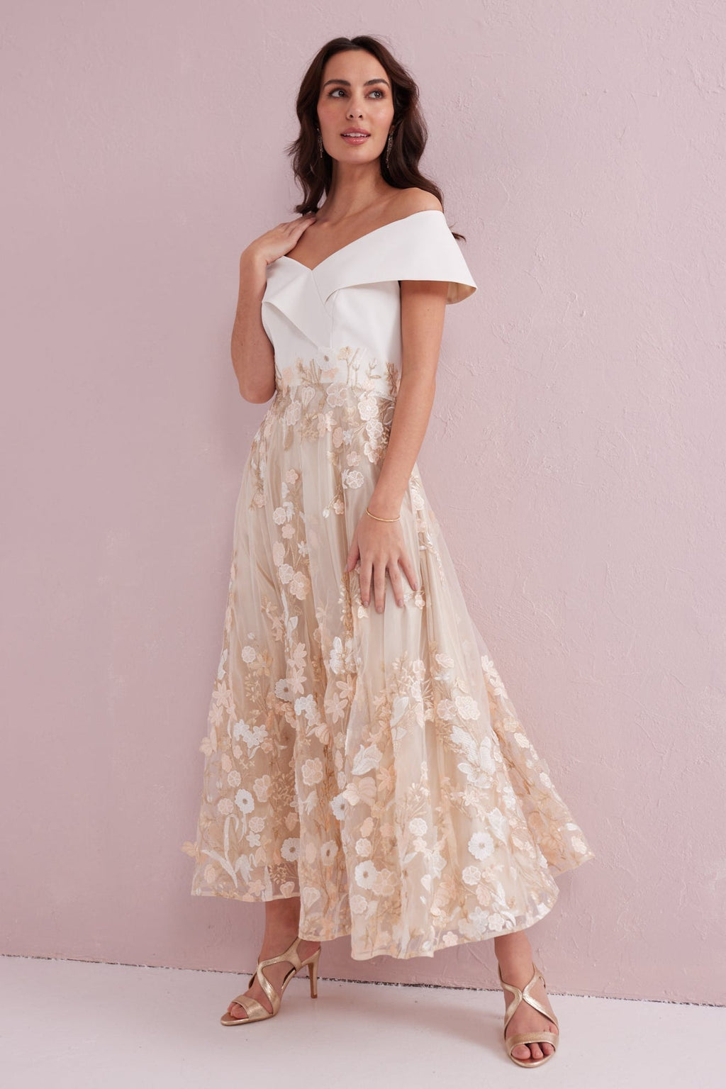 OLIVIA Cream and Gold Bardot Prom Dress.