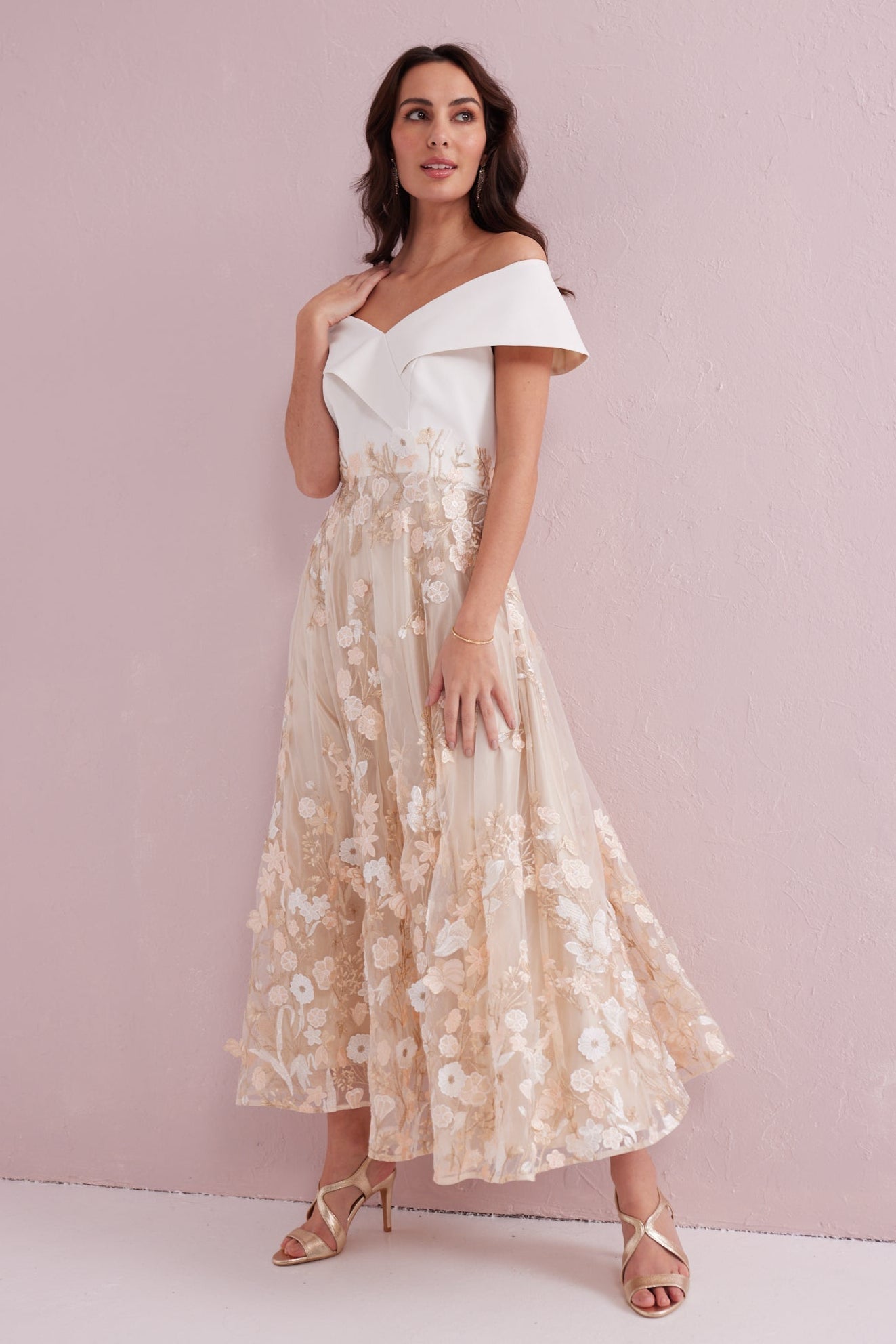 OLIVIA Cream and Gold Bardot Prom Dress.