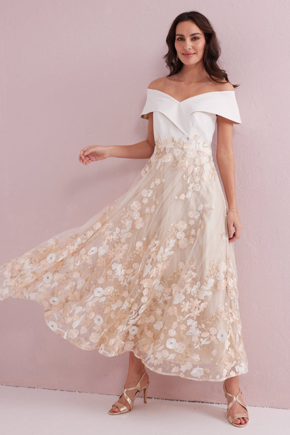 OLIVIA Cream and Gold Bardot Prom Dress.