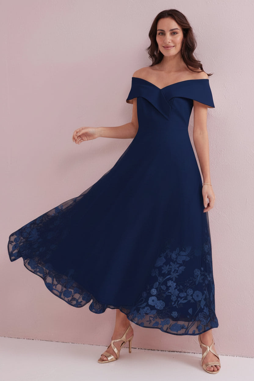 OLIVIA BETH Navy Bardot Emb Prom Dress.