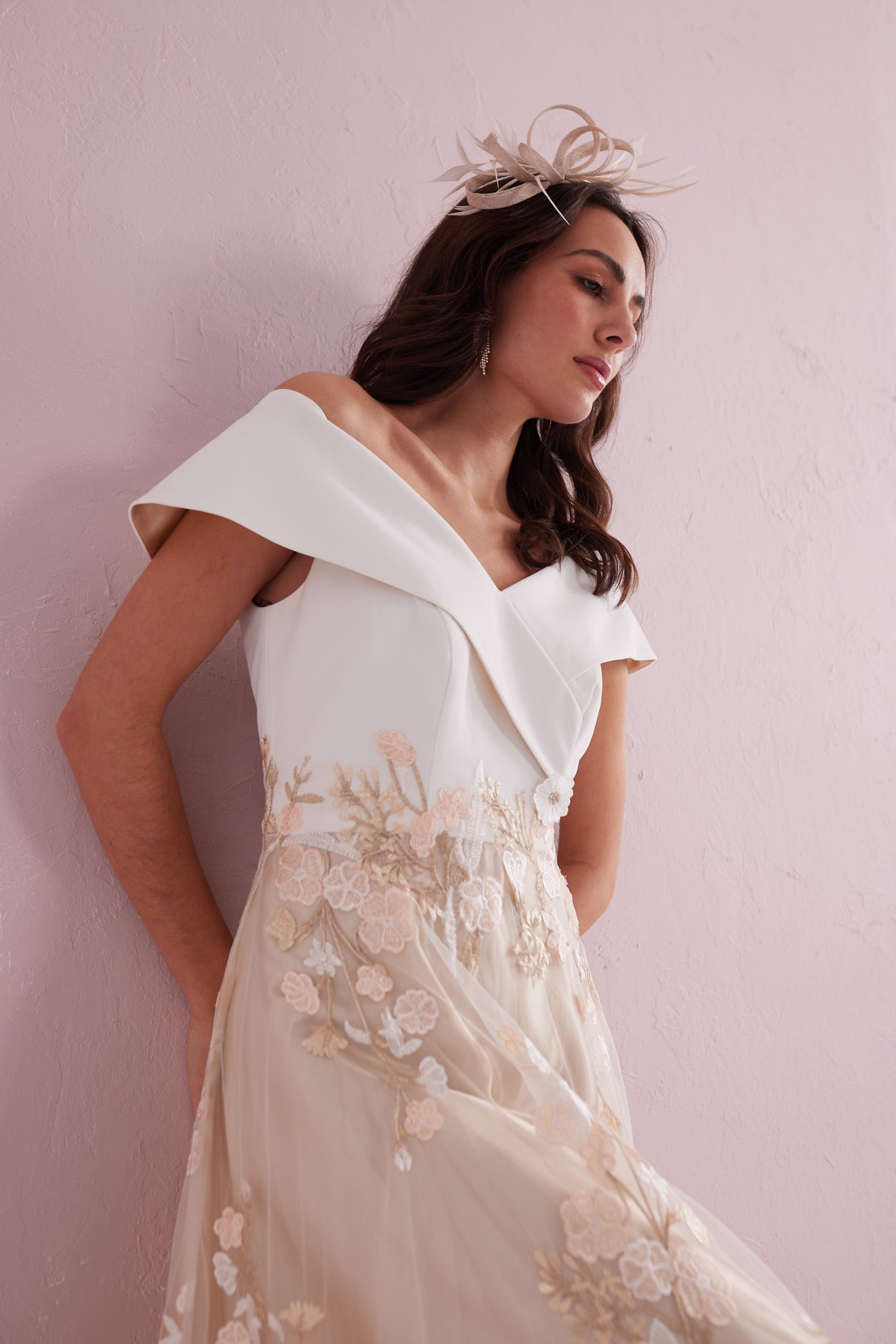 OLIVIA Cream and Gold Bardot Prom Dress.