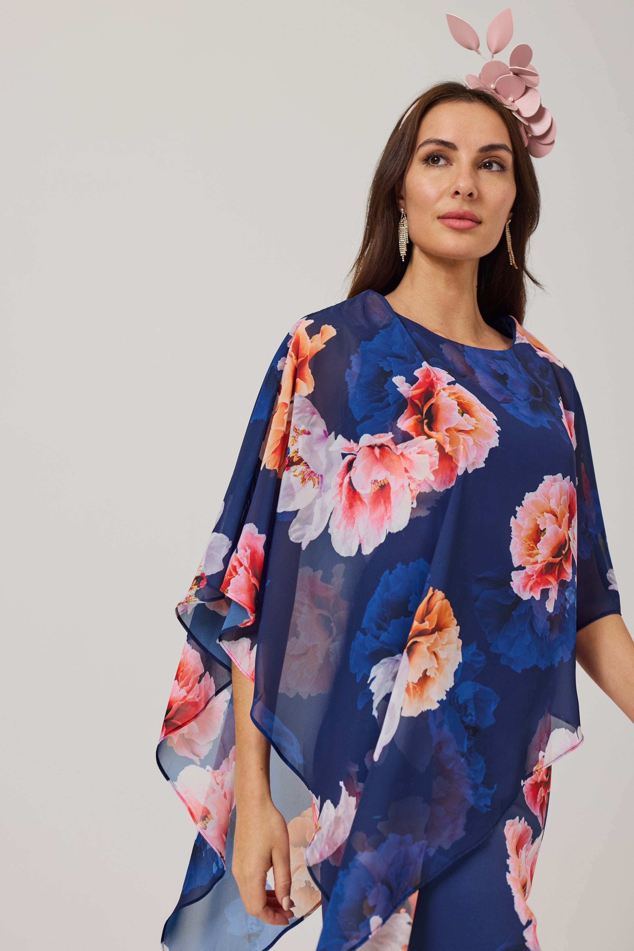 ROSALIE Navy Print Scuba Dress with Chiffon Cape.
