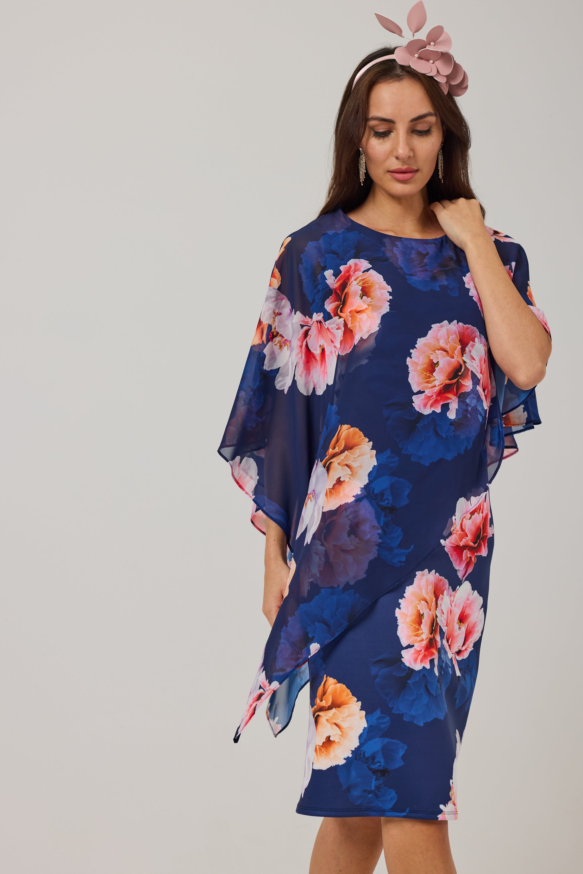ROSALIE Navy Print Scuba Dress with Chiffon Cape.
