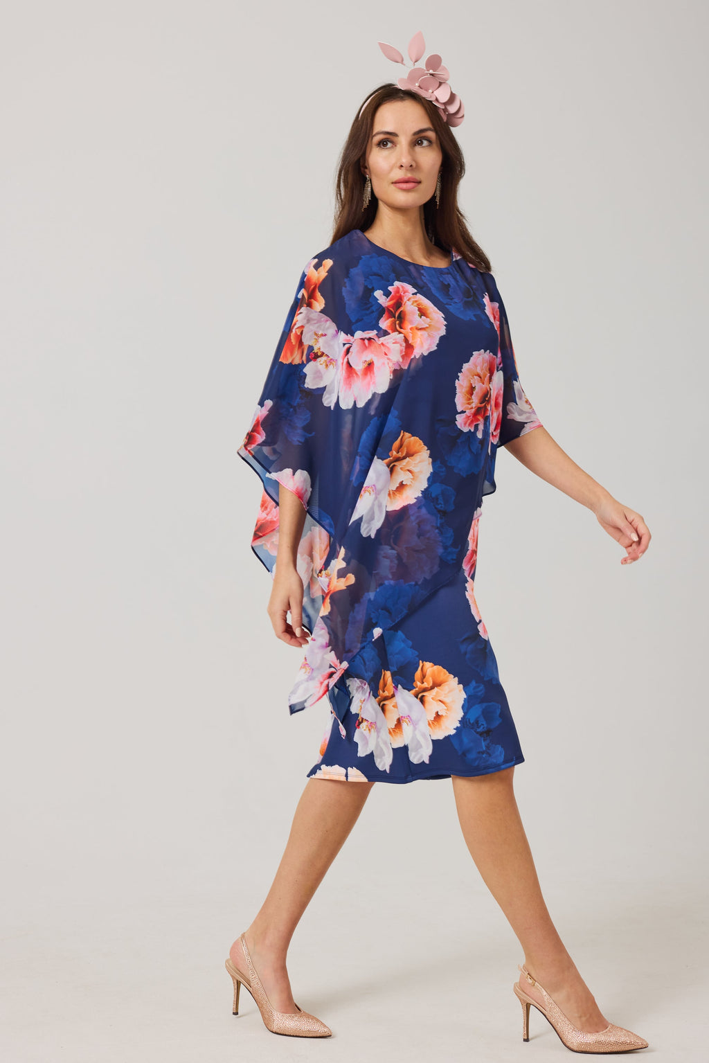 ROSALIE Navy Print Scuba Dress with Chiffon Cape.