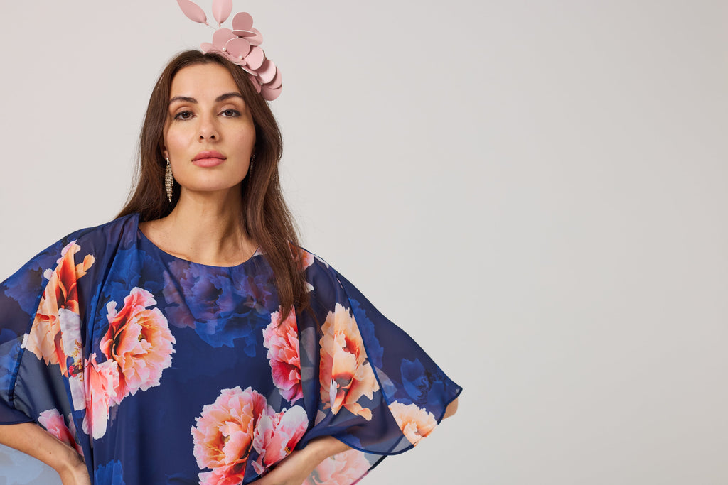 ROSALIE Navy Print Scuba Dress with Chiffon Cape.