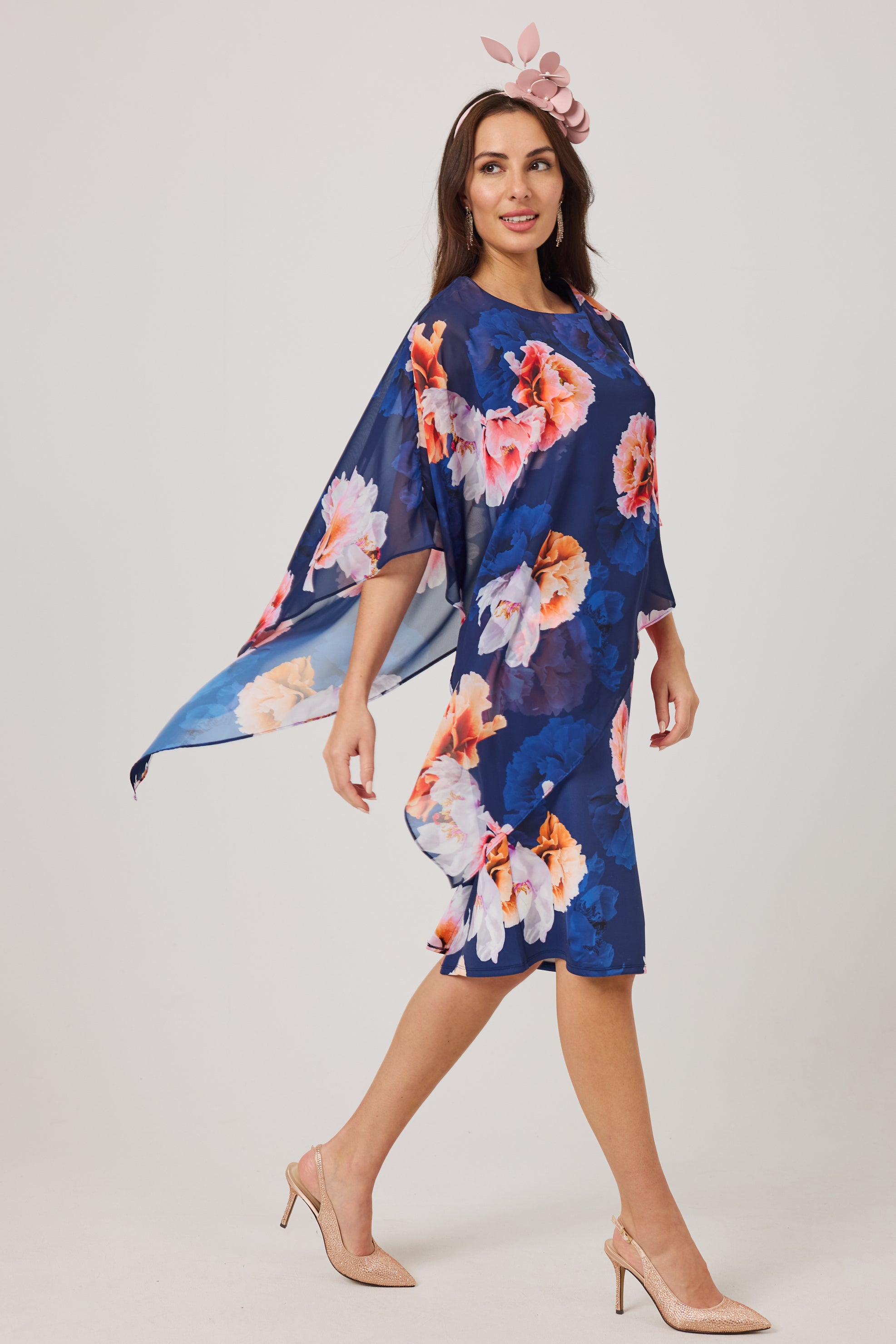 ROSALIE Navy Print Scuba Dress with Chiffon Cape.