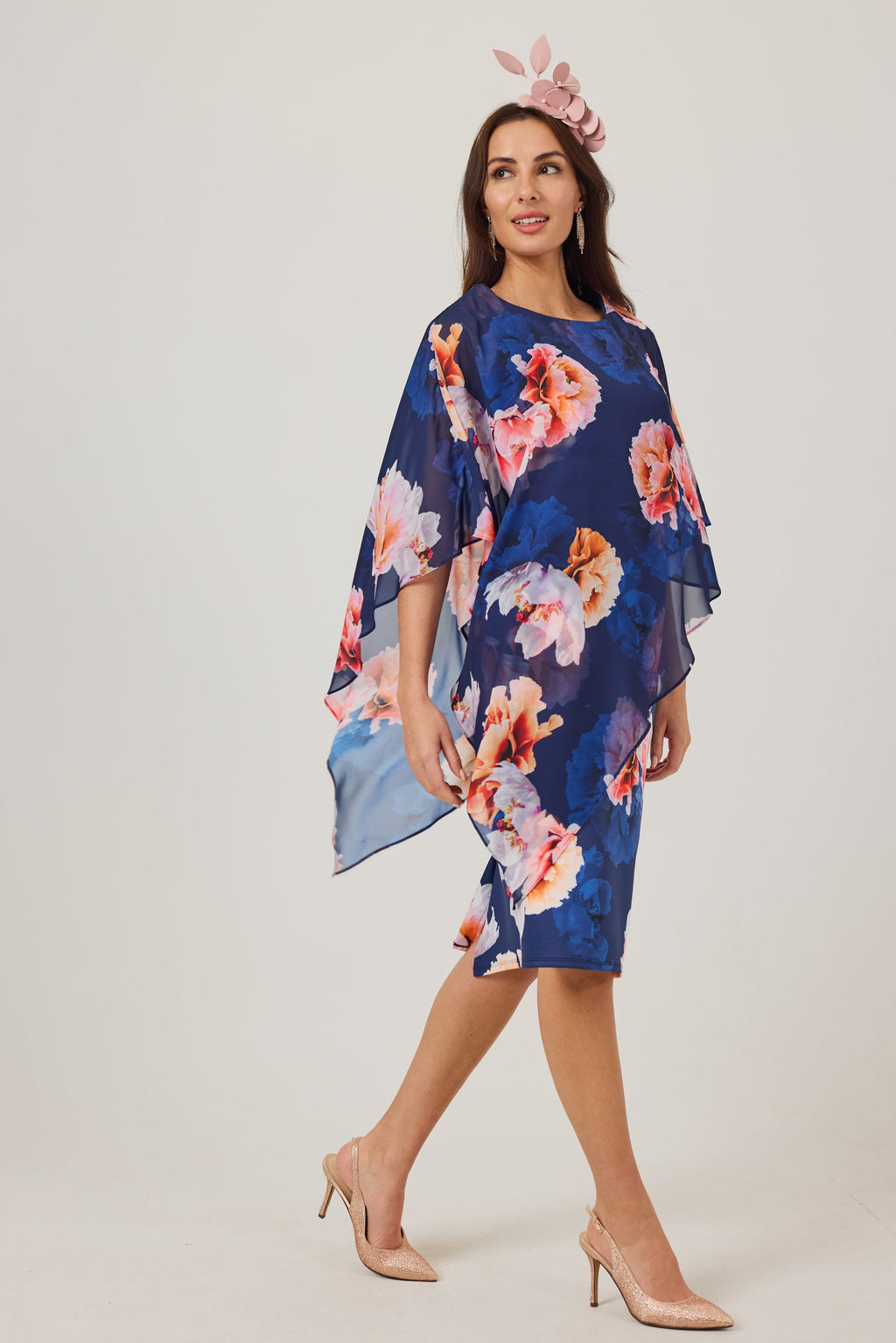 ROSALIE Navy Print Scuba Dress with Chiffon Cape.