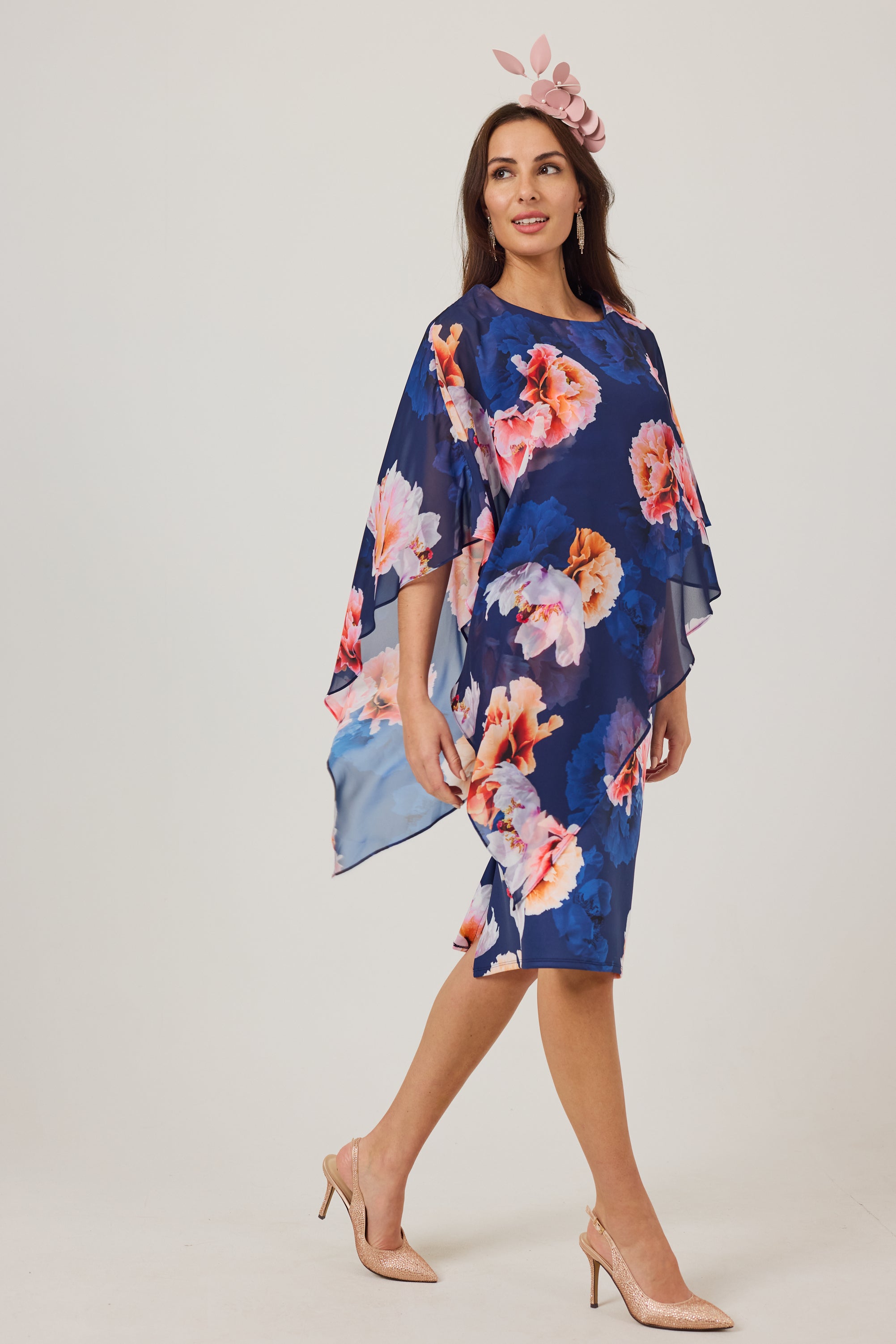 ROSALIE Navy Print Scuba Dress with Chiffon Cape.