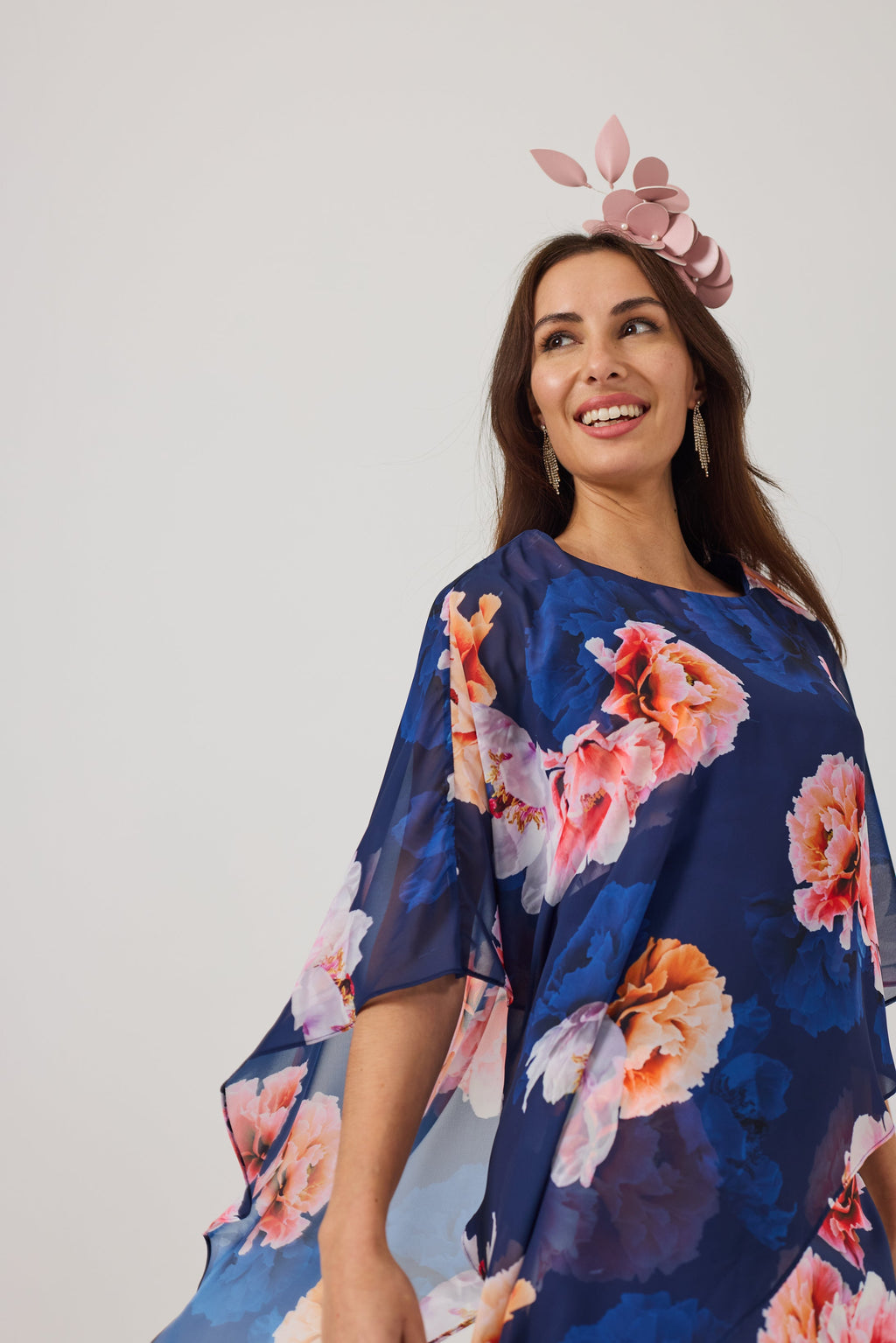 ROSALIE Navy Print Scuba Dress with Chiffon Cape.