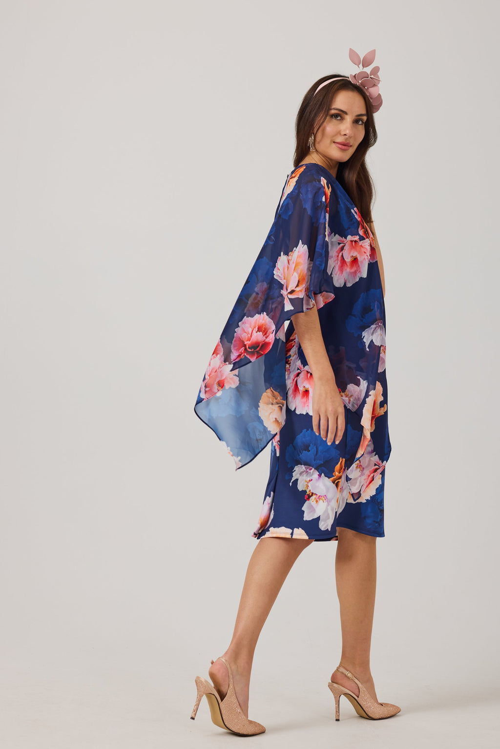 ROSALIE Navy Print Scuba Dress with Chiffon Cape.