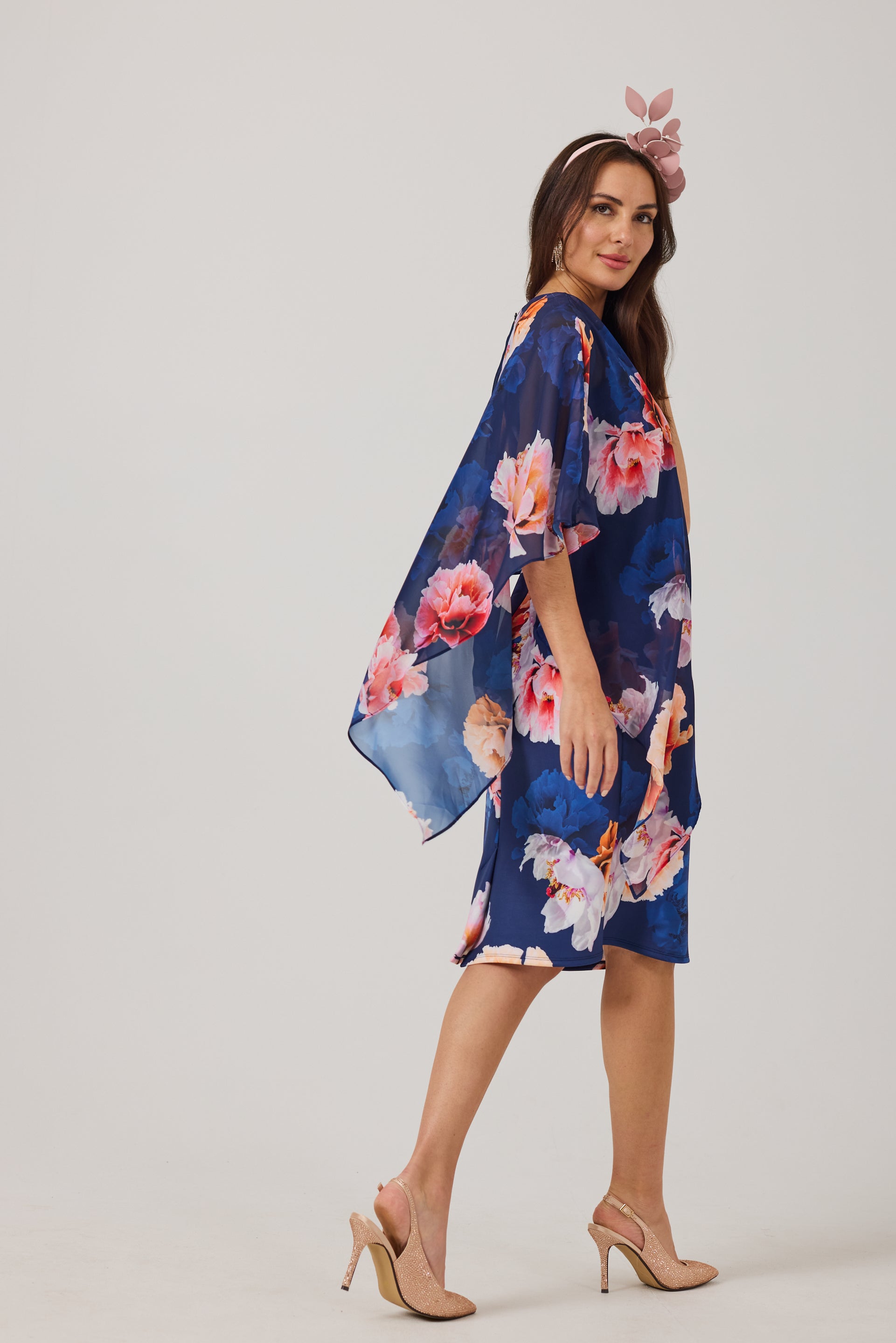 ROSALIE Navy Print Scuba Dress with Chiffon Cape.