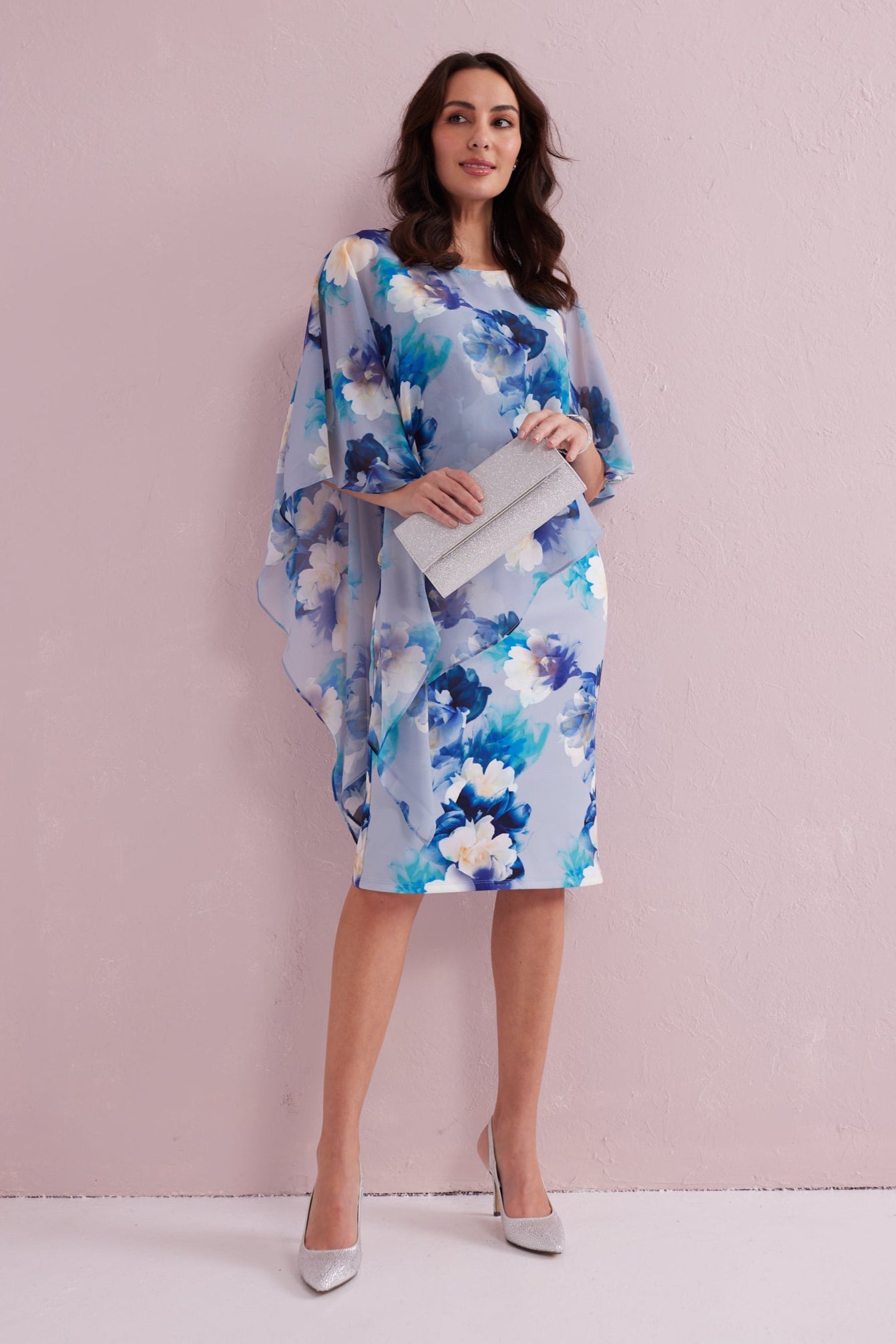 ROSALIE Blue Print Scuba Dress with Chiffon Cape.
