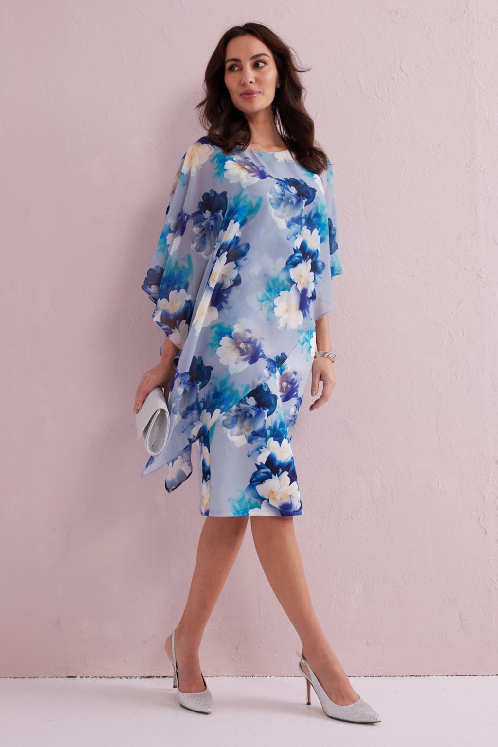ROSALIE Blue Print Scuba Dress with Chiffon Cape.