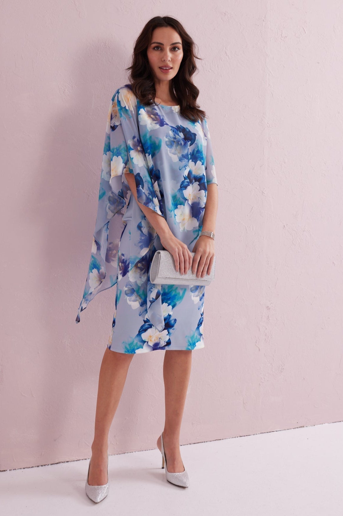 ROSALIE Blue Print Scuba Dress with Chiffon Cape.
