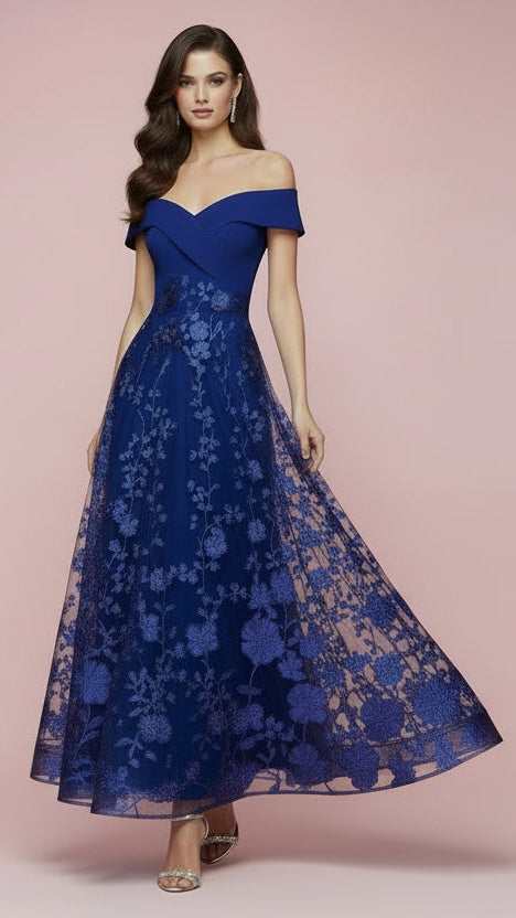 OLIVIA BETH Navy Bardot Emb Prom Dress.