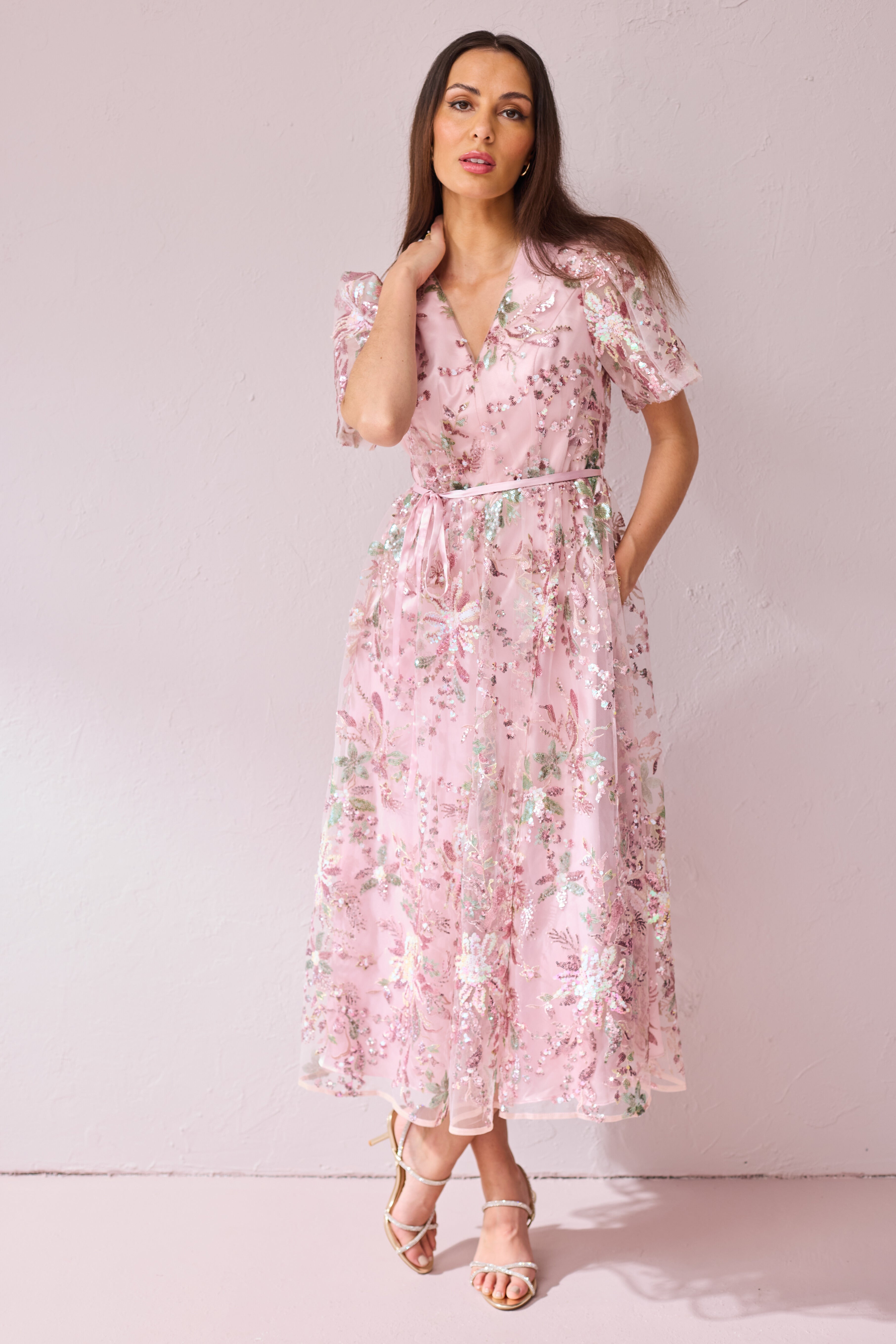 CHARLOTTE Pink Sequin and Embroidered dress.