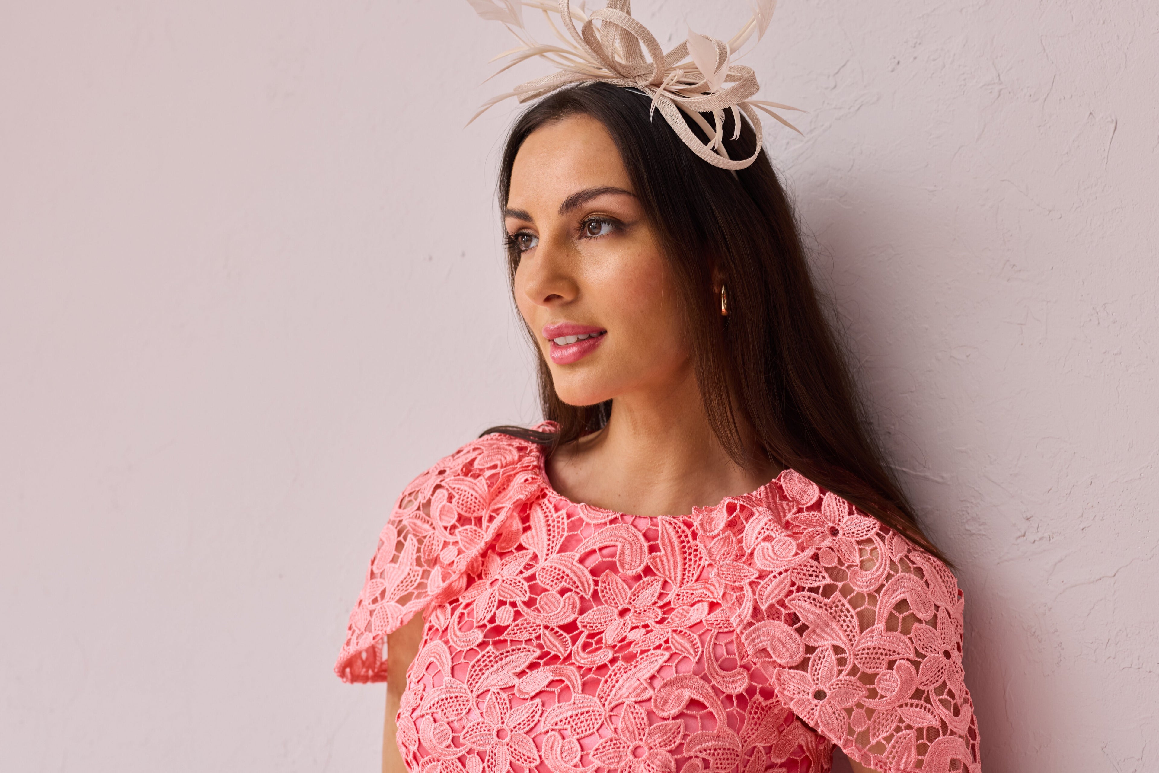 CORALIE Coral Lace Dress with Satin Bow.