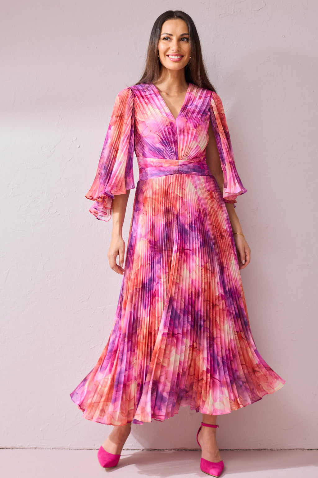 ALICE Pink Printed Pleat Maxi Dress.