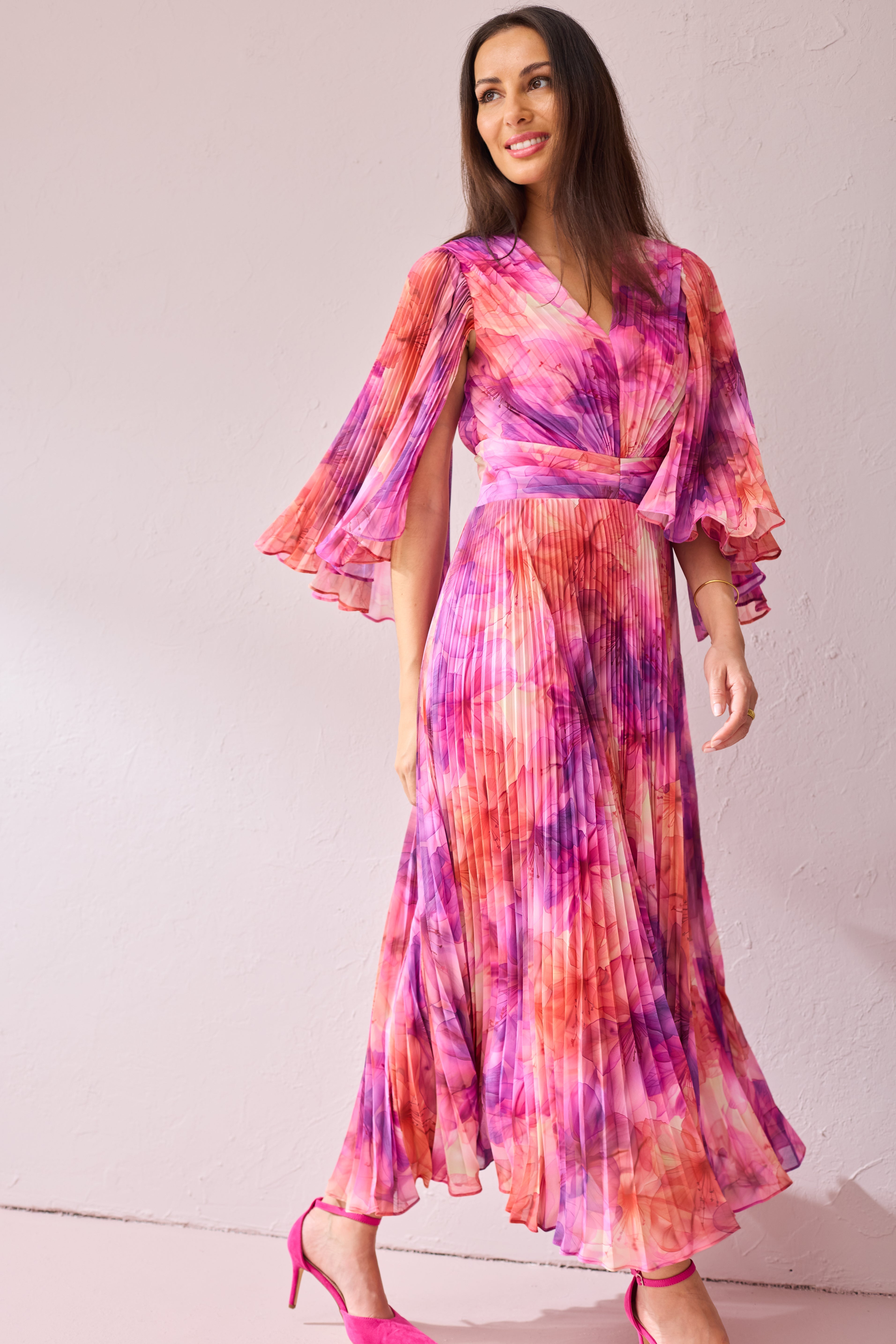 ALICE Pink Printed Pleat Maxi Dress.