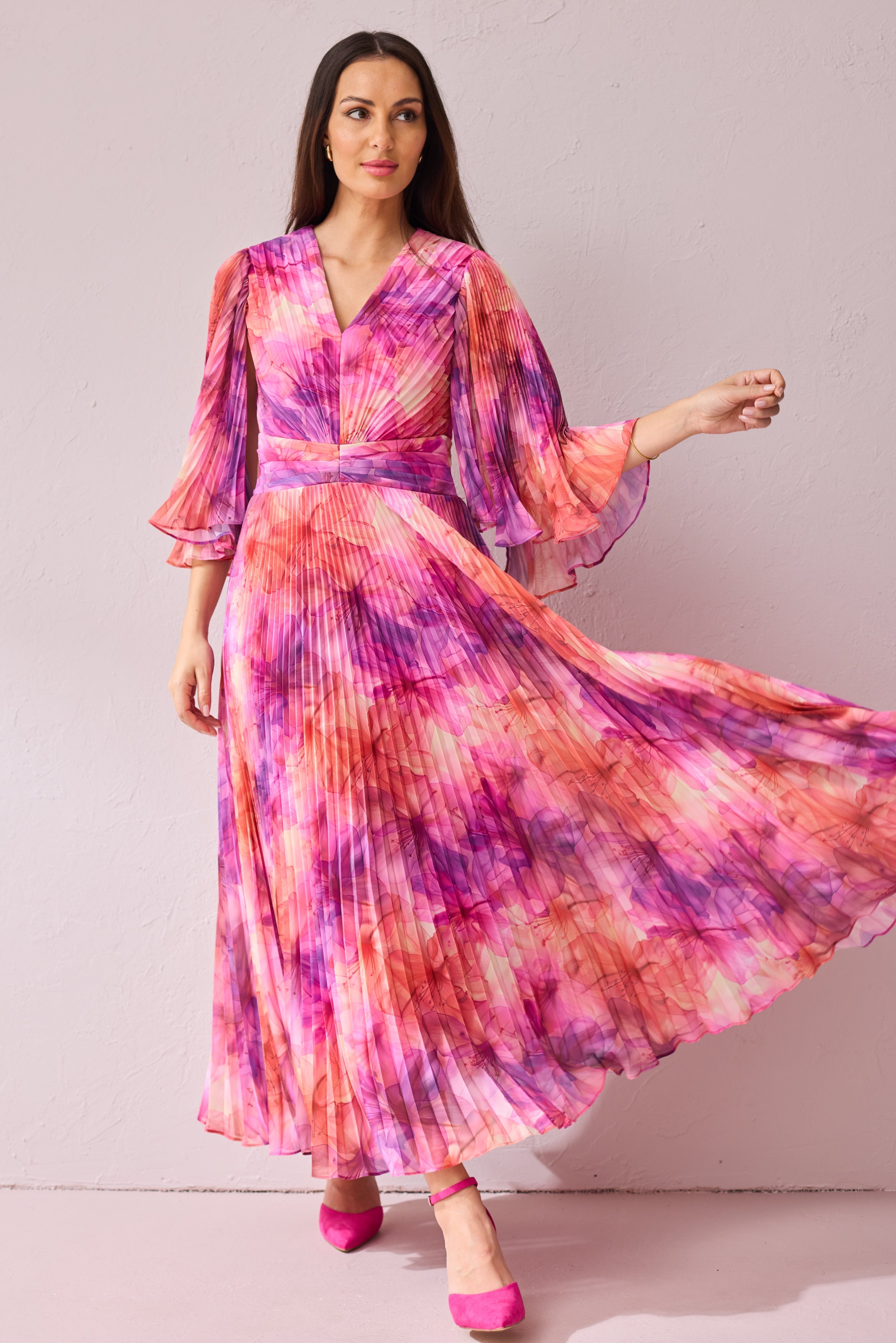 ALICE Pink Printed Pleat Maxi Dress.