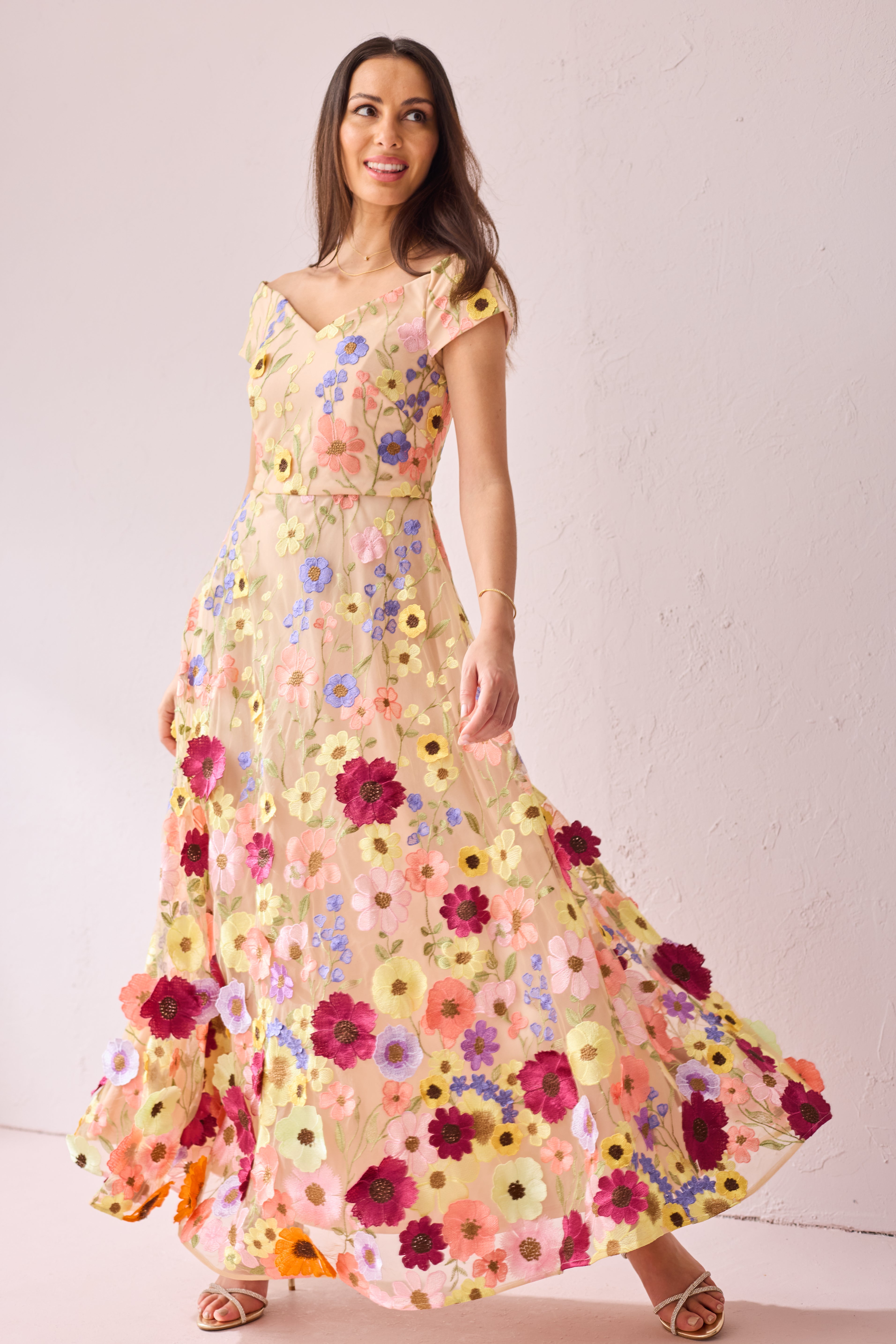 JOY Blush Embroidered Applique Prom Dress.
