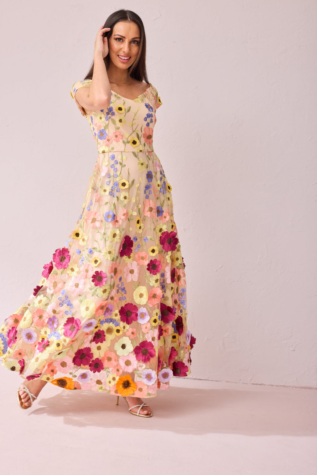 JOY Blush Embroidered Applique Prom Dress.