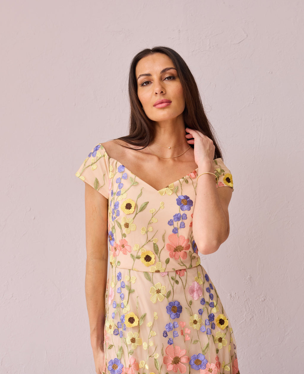 JOY Blush Embroidered Applique Prom Dress.